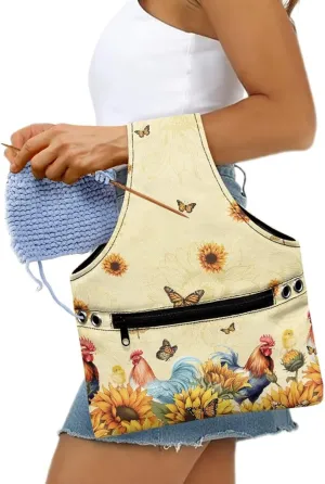 Babrukda Crochet Bag Tote Yarn Bag Yarn Storage Organizer Yarn Holder with Handles Knitting Bag Craft Kits Bag Embroidery Project Bag Needlework Tool Bag Butterflies Sunflower Rooster Print Handbag S