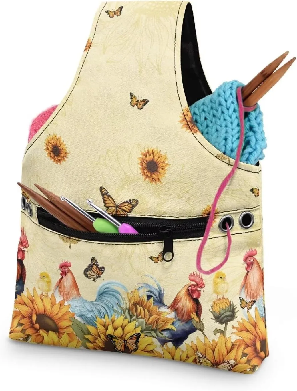 Babrukda Crochet Bag Tote Yarn Bag Yarn Storage Organizer Yarn Holder with Handles Knitting Bag Craft Kits Bag Embroidery Project Bag Needlework Tool Bag Butterflies Sunflower Rooster Print Handbag S
