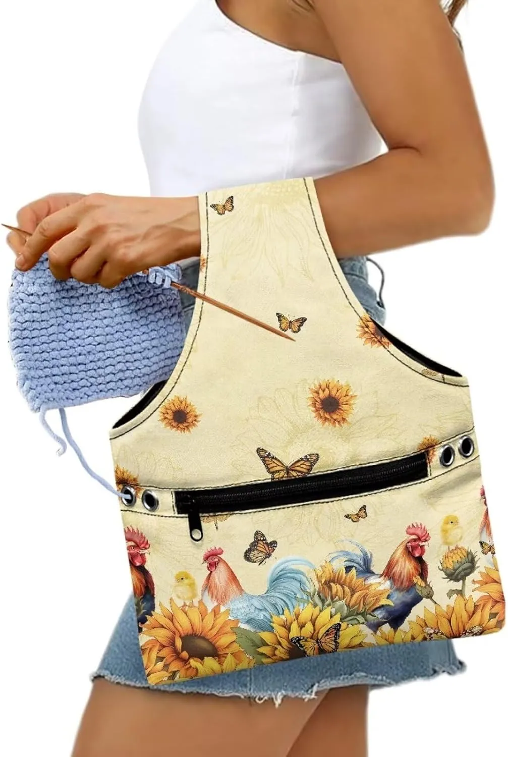 Babrukda Crochet Bag Tote Yarn Bag Yarn Storage Organizer Yarn Holder with Handles Knitting Bag Craft Kits Bag Embroidery Project Bag Needlework Tool Bag Butterflies Sunflower Rooster Print Handbag S