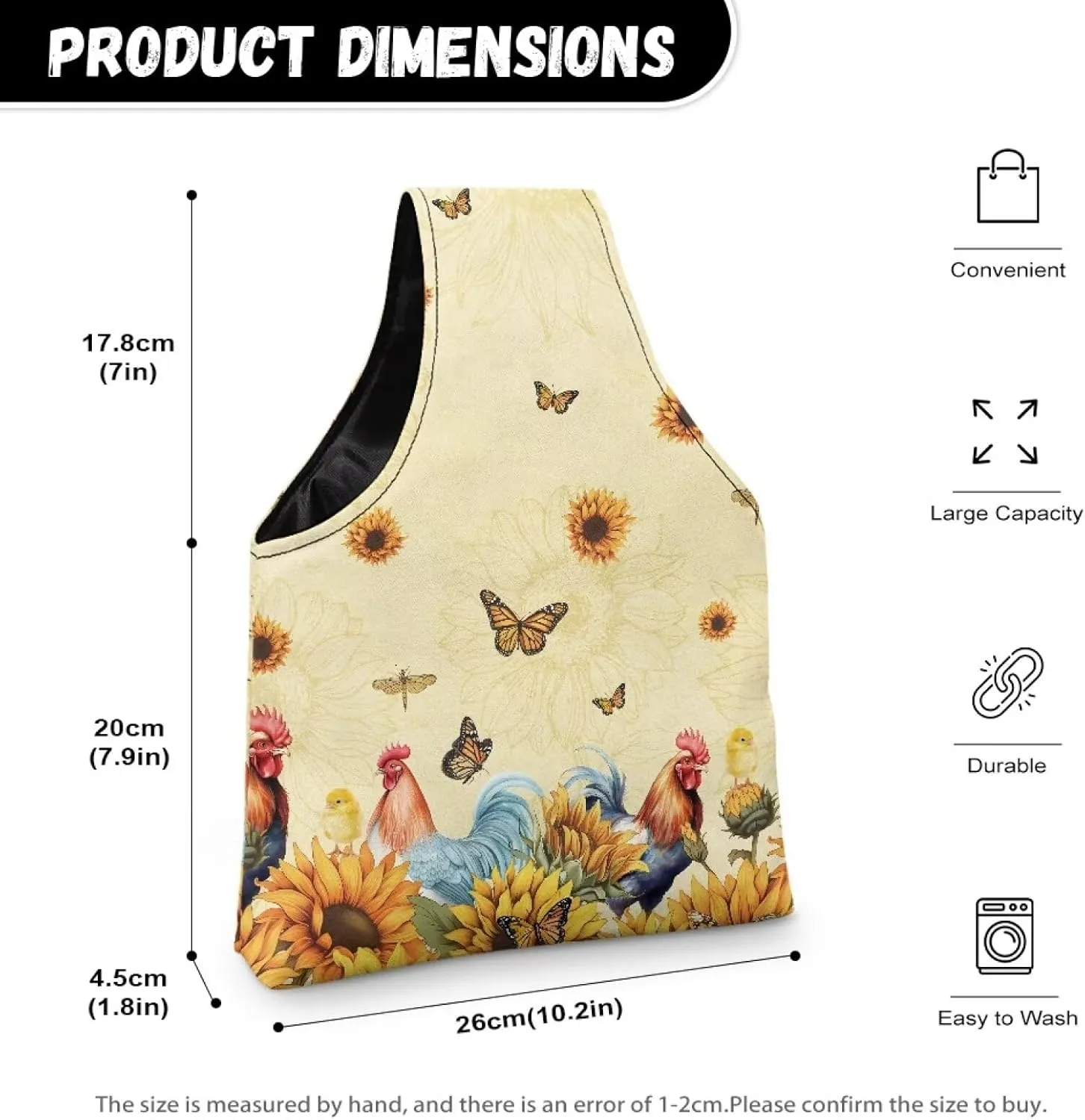 Babrukda Crochet Bag Tote Yarn Bag Yarn Storage Organizer Yarn Holder with Handles Knitting Bag Craft Kits Bag Embroidery Project Bag Needlework Tool Bag Butterflies Sunflower Rooster Print Handbag S