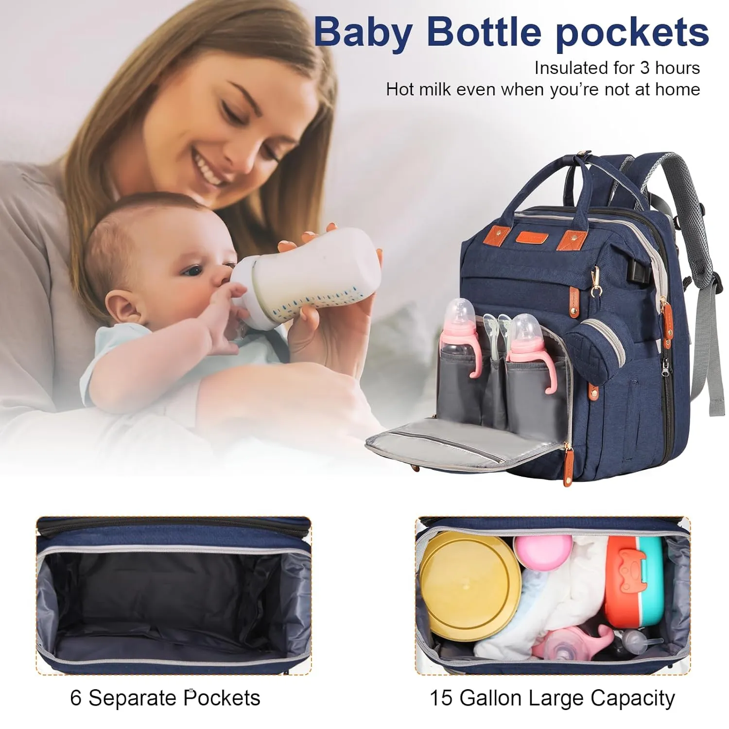 Baby Diaper Bag Backpack with Changing Station, Multi-functional Travel Waterproof Backpack for Boys and Girls, Large Blue, 15 Inches
