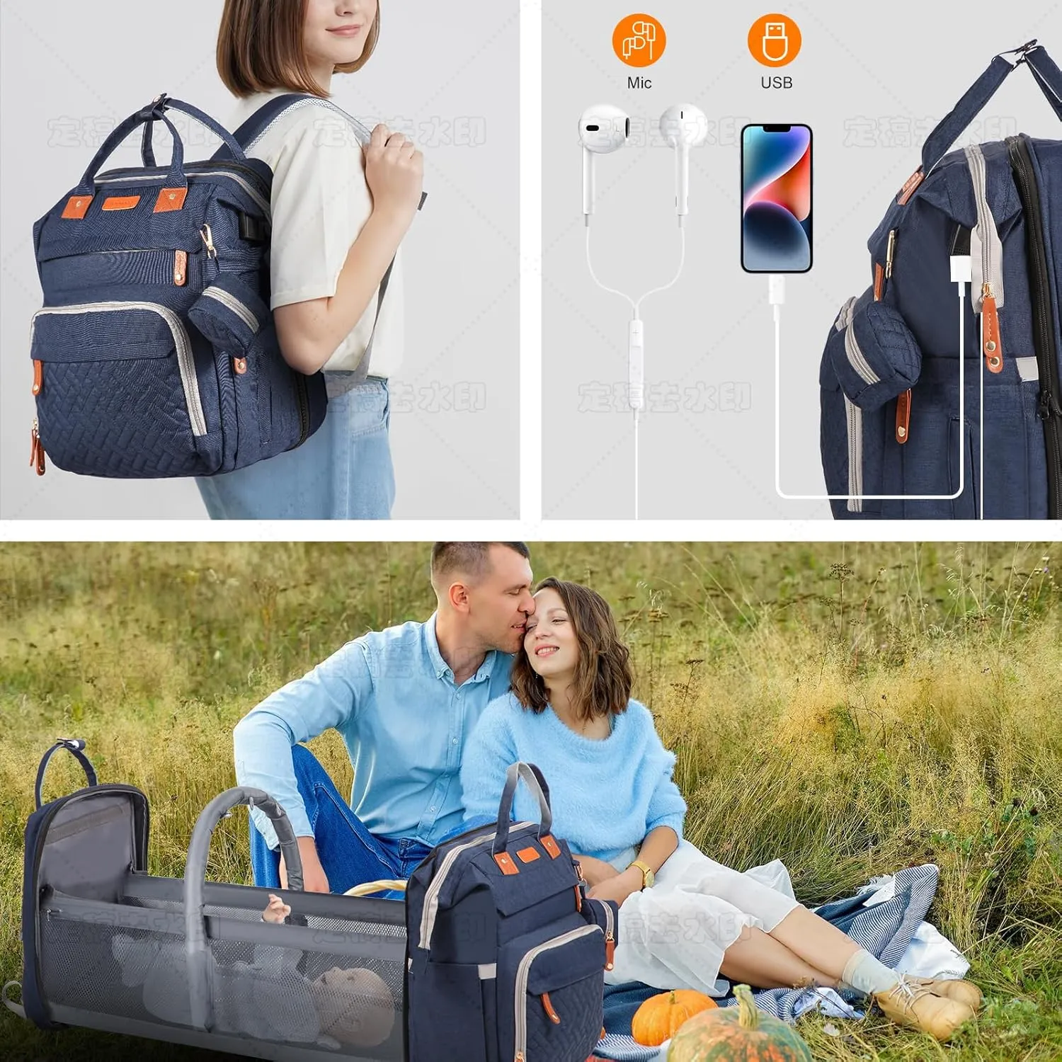 Baby Diaper Bag Backpack with Changing Station, Multi-functional Travel Waterproof Backpack for Boys and Girls, Large Blue, 15 Inches