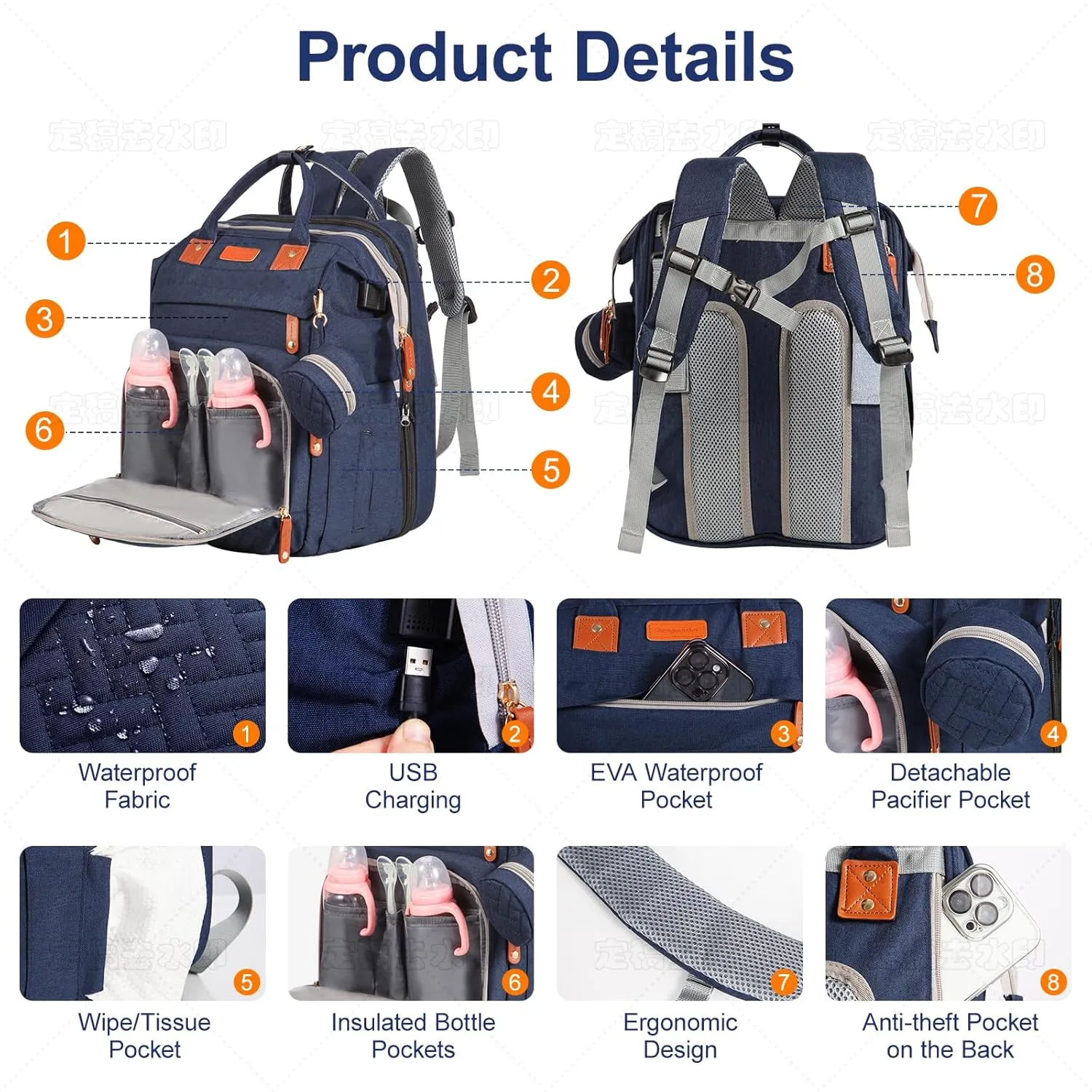 Baby Diaper Bag Backpack with Changing Station, Multi-functional Travel Waterproof Backpack for Boys and Girls, Large Blue, 15 Inches