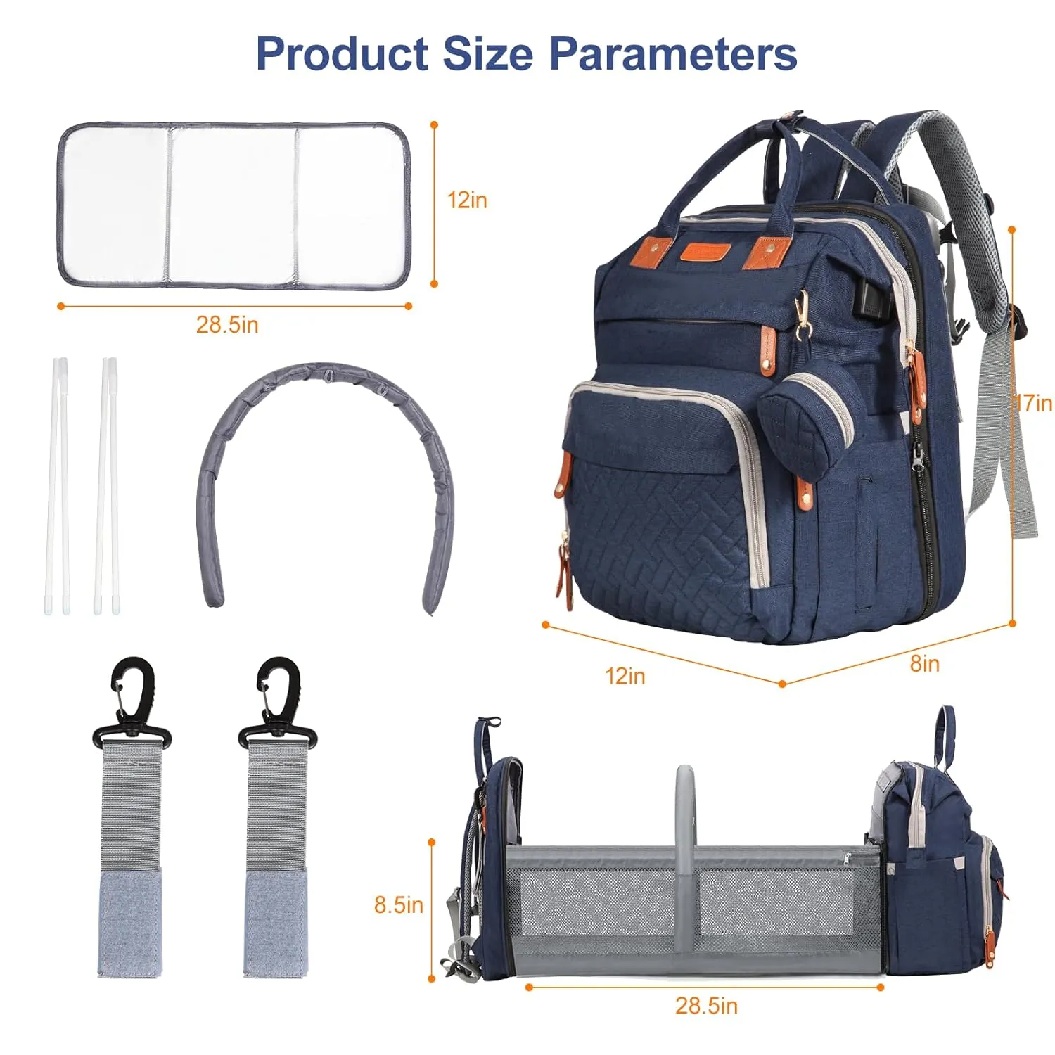 Baby Diaper Bag Backpack with Changing Station, Multi-functional Travel Waterproof Backpack for Boys and Girls, Large Blue, 15 Inches