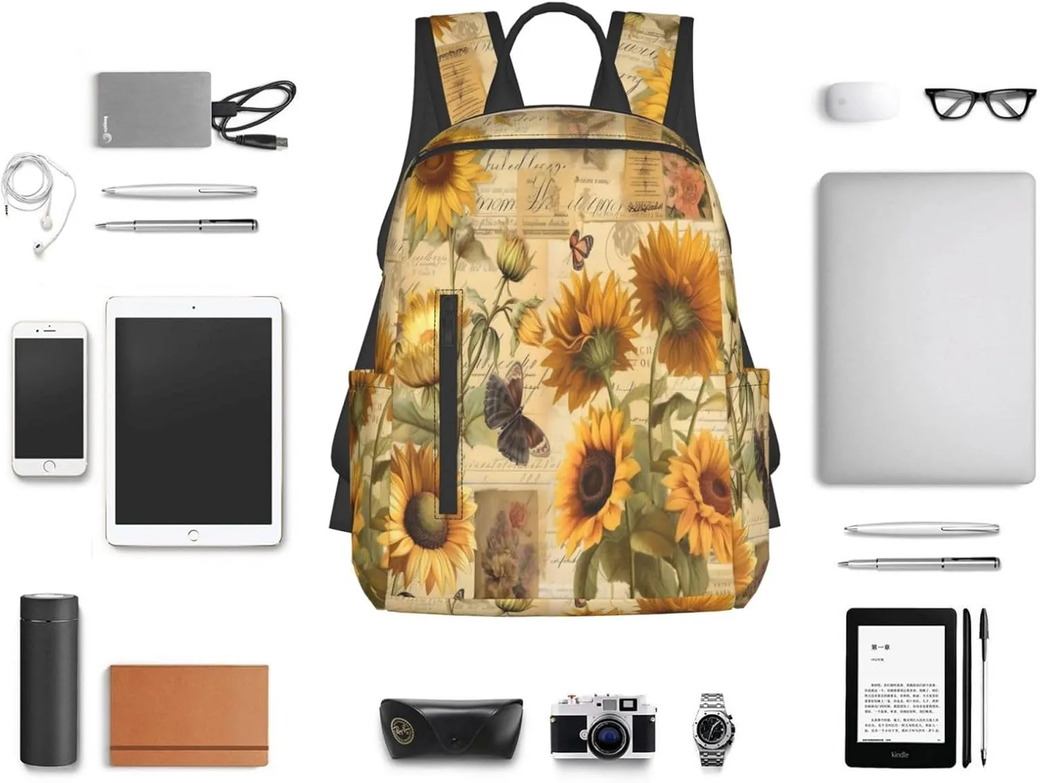 Backpack For Women Men Retro Newspaper Sunflowers Bookbag Lightweight Travel Casual Daypack Water Resistant Outdoor Hiking Sport Rucksack