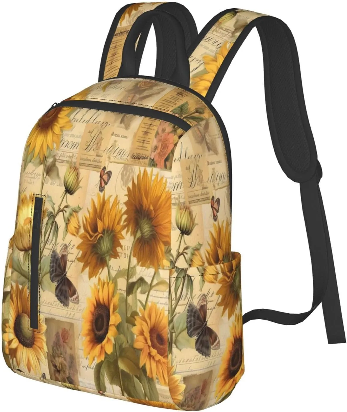 Backpack For Women Men Retro Newspaper Sunflowers Bookbag Lightweight Travel Casual Daypack Water Resistant Outdoor Hiking Sport Rucksack