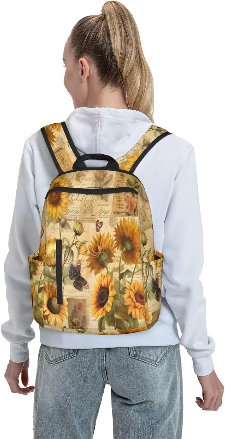 Backpack For Women Men Retro Newspaper Sunflowers Bookbag Lightweight Travel Casual Daypack Water Resistant Outdoor Hiking Sport Rucksack