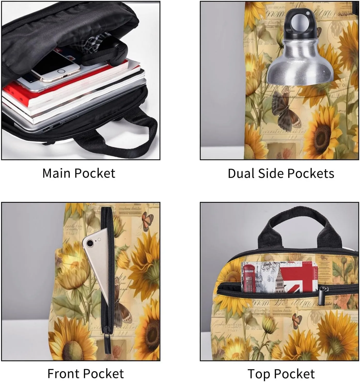 Backpack For Women Men Retro Newspaper Sunflowers Bookbag Lightweight Travel Casual Daypack Water Resistant Outdoor Hiking Sport Rucksack