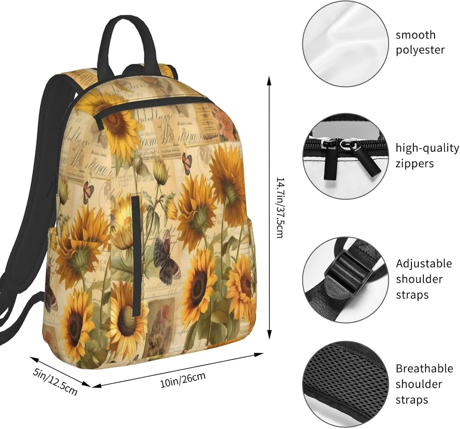Backpack For Women Men Retro Newspaper Sunflowers Bookbag Lightweight Travel Casual Daypack Water Resistant Outdoor Hiking Sport Rucksack