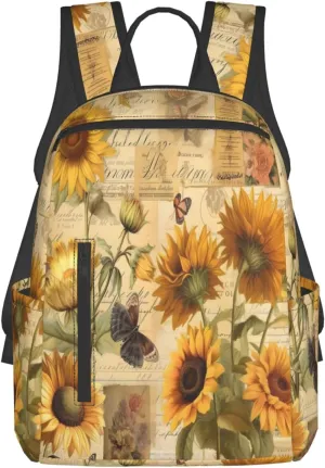Backpack For Women Men Retro Newspaper Sunflowers Bookbag Lightweight Travel Casual Daypack Water Resistant Outdoor Hiking Sport Rucksack