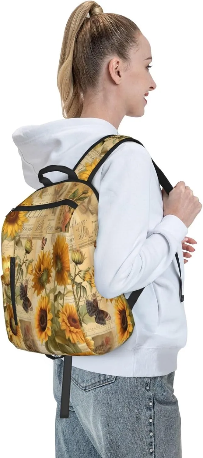 Backpack For Women Men Retro Newspaper Sunflowers Bookbag Lightweight Travel Casual Daypack Water Resistant Outdoor Hiking Sport Rucksack