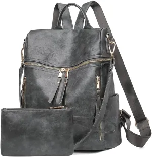 Backpack Purse for Women, Shoulder Handbag Sets with Zipper Strap Satchel for Daily Travel(Grey)