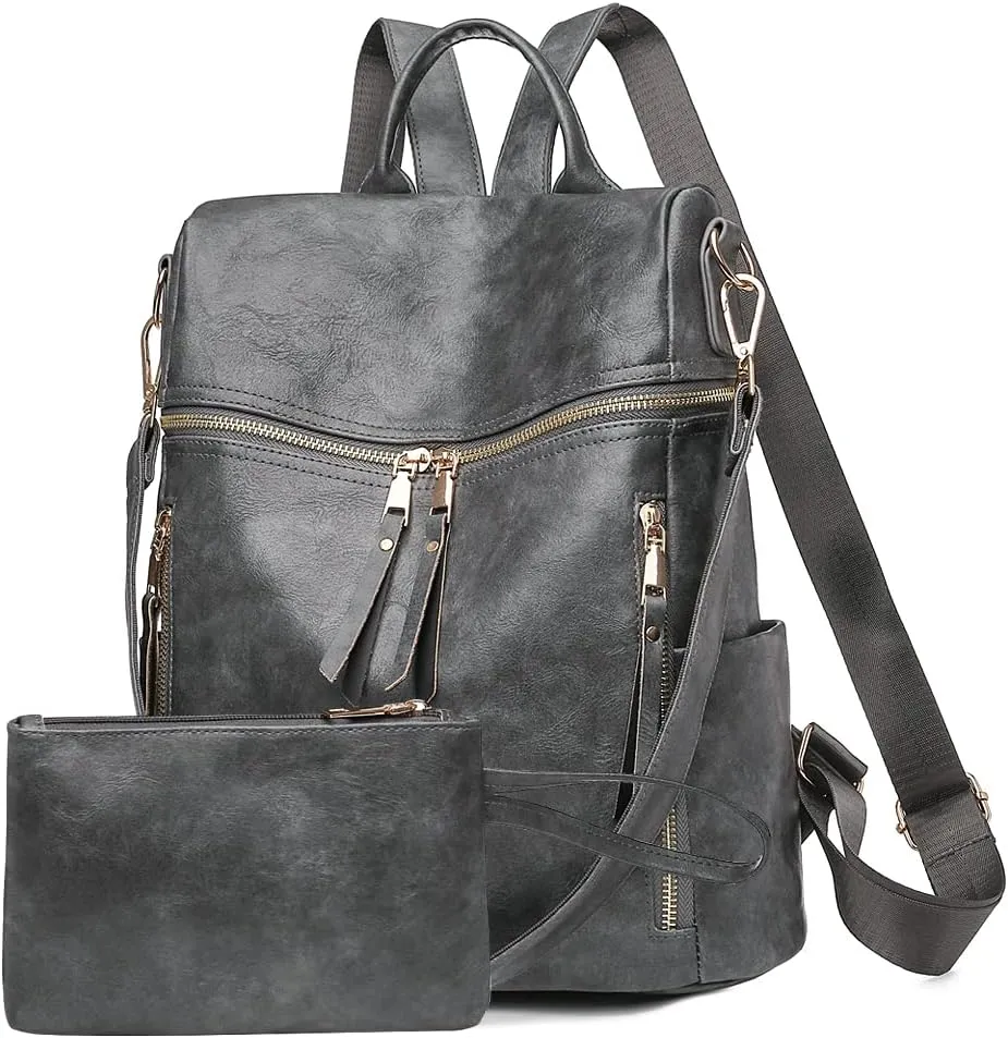 Backpack Purse for Women, Shoulder Handbag Sets with Zipper Strap Satchel for Daily Travel(Grey)