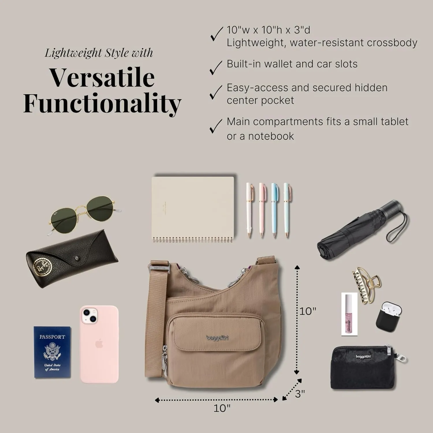Baggallini Criss Cross 10x11 Crossbody Women Lightweight Water-Resistant Nylon Travel Bag W/RFID & Quick Access Pockets