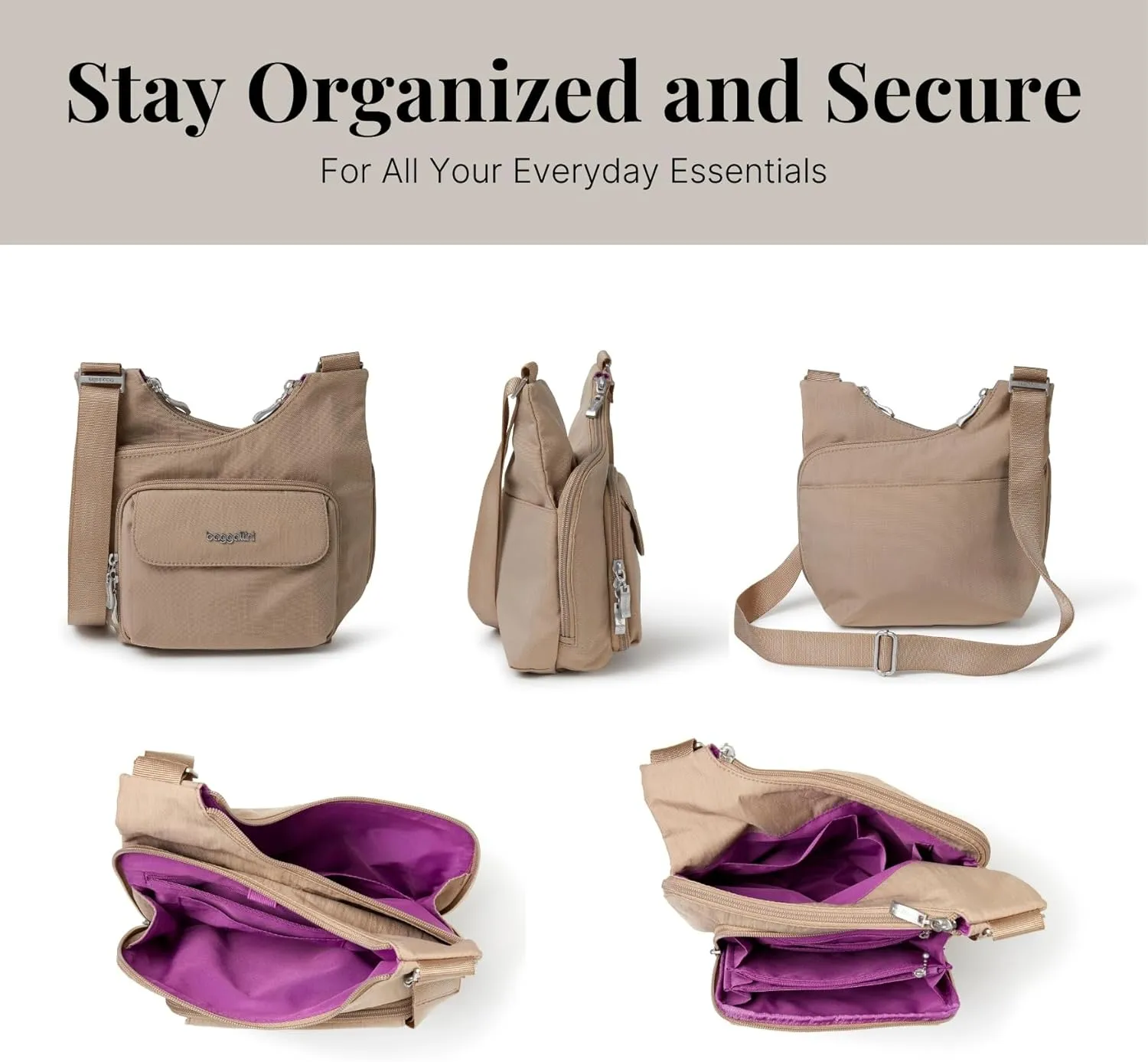Baggallini Criss Cross 10x11 Crossbody Women Lightweight Water-Resistant Nylon Travel Bag W/RFID & Quick Access Pockets