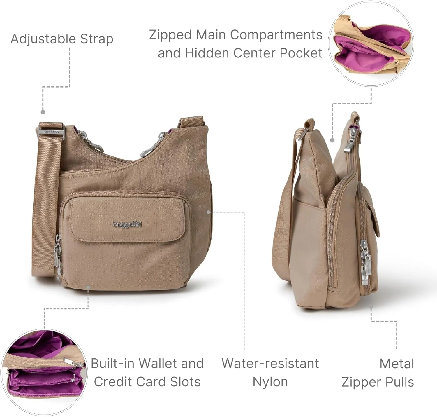 Baggallini Criss Cross 10x11 Crossbody Women Lightweight Water-Resistant Nylon Travel Bag W/RFID & Quick Access Pockets