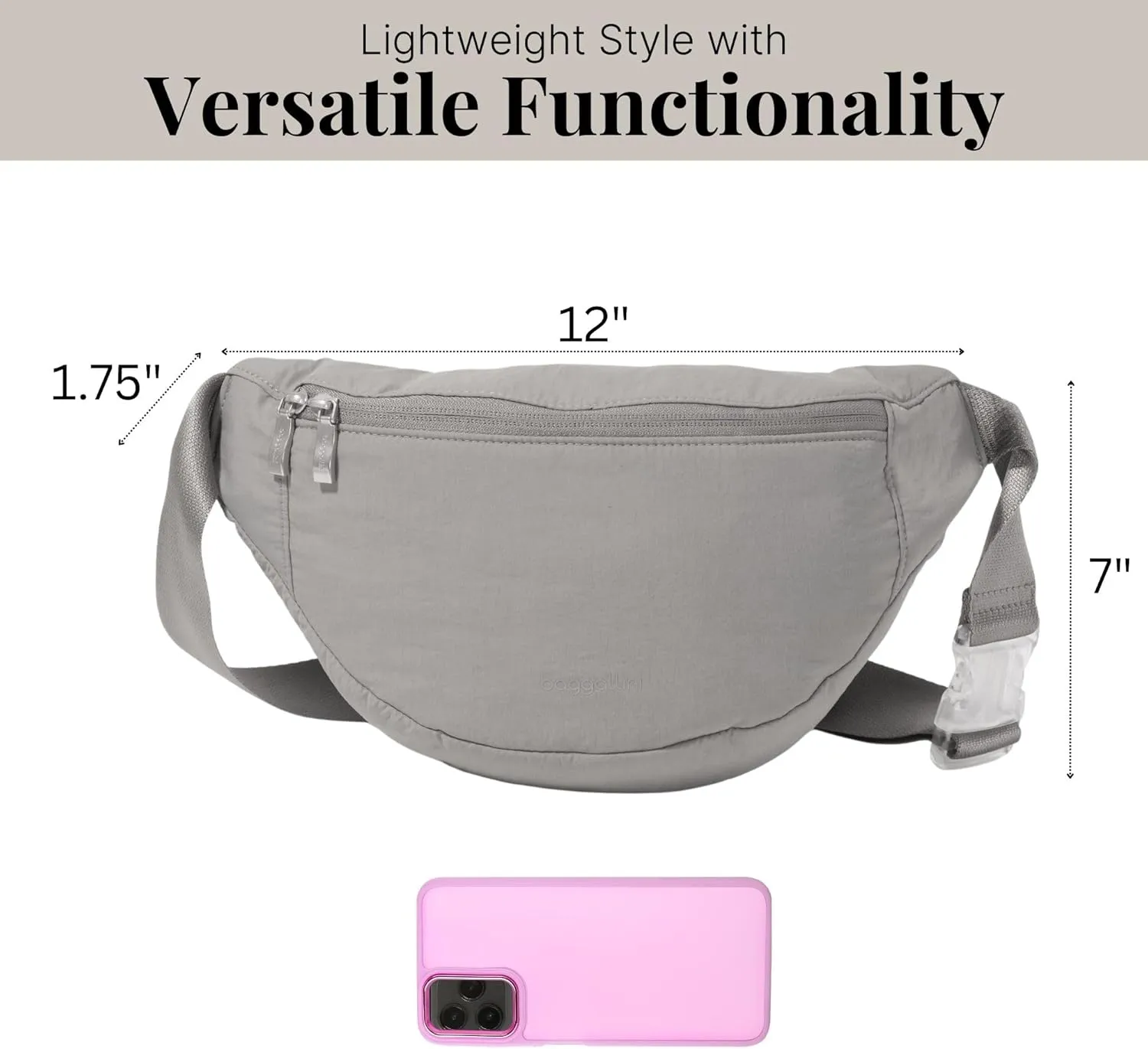 Baggallini Style Swift Belt Bag Sling Bag - Lightweight 12"x7" Crossbody Bag Fanny Pack Belt w/RFID and Adjustable Strap