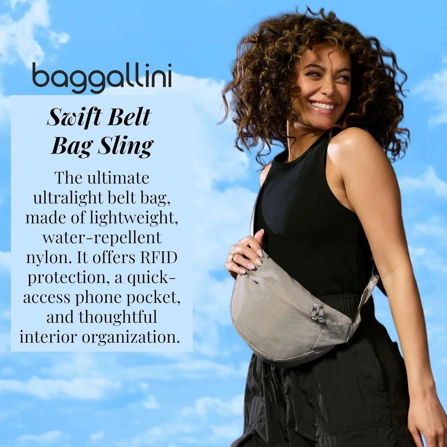 Baggallini Style Swift Belt Bag Sling Bag - Lightweight 12"x7" Crossbody Bag Fanny Pack Belt w/RFID and Adjustable Strap