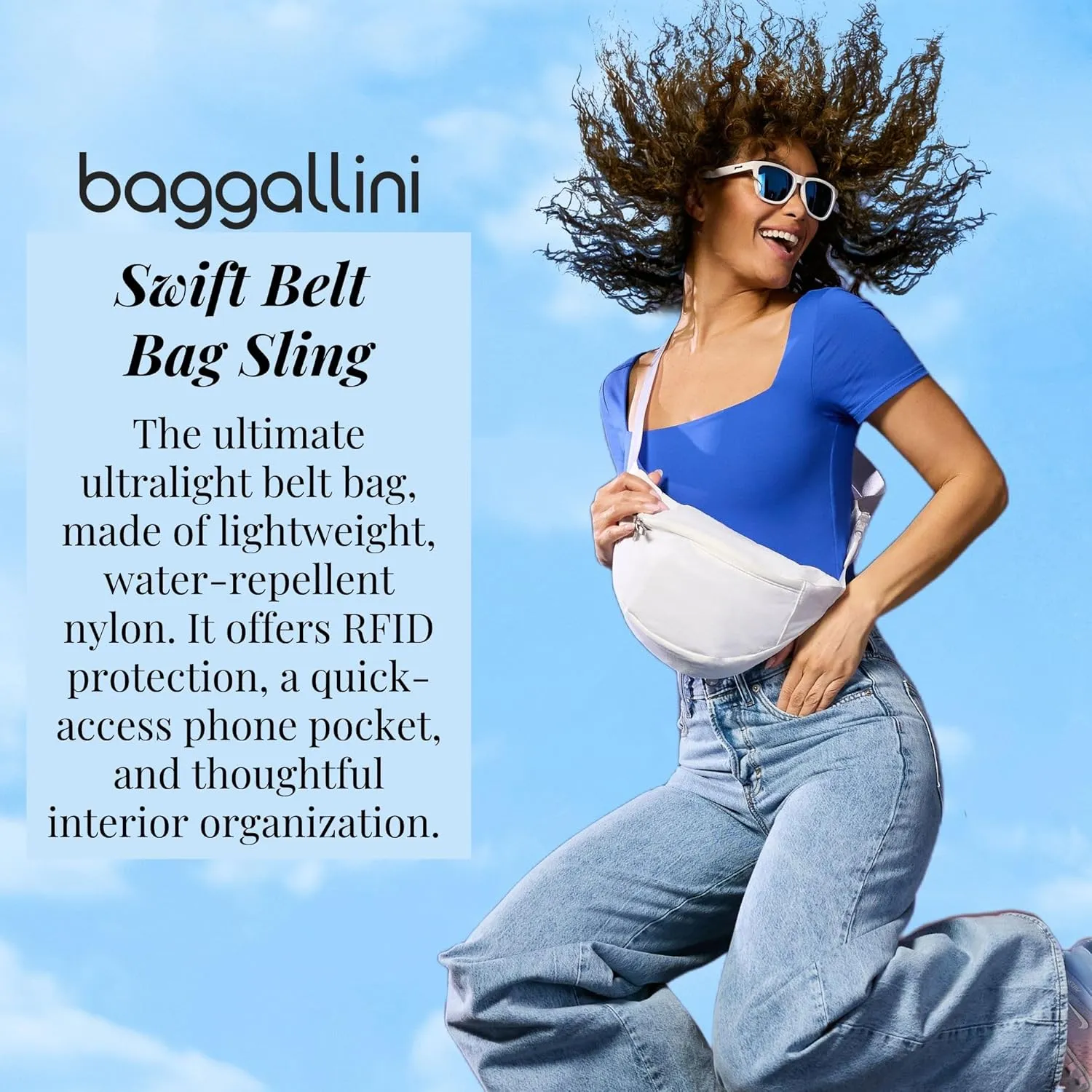 Baggallini Style Swift Belt Bag Sling Bag - Lightweight 12"x7" Crossbody Bag Fanny Pack Belt w/RFID and Adjustable Strap