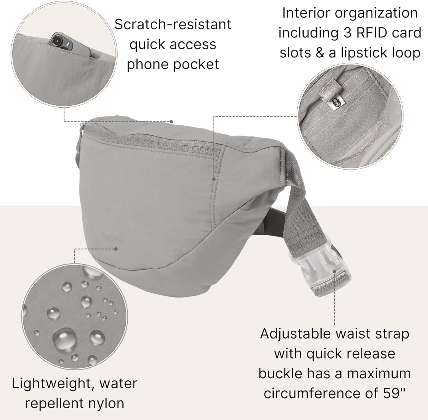 Baggallini Style Swift Belt Bag Sling Bag - Lightweight 12"x7" Crossbody Bag Fanny Pack Belt w/RFID and Adjustable Strap