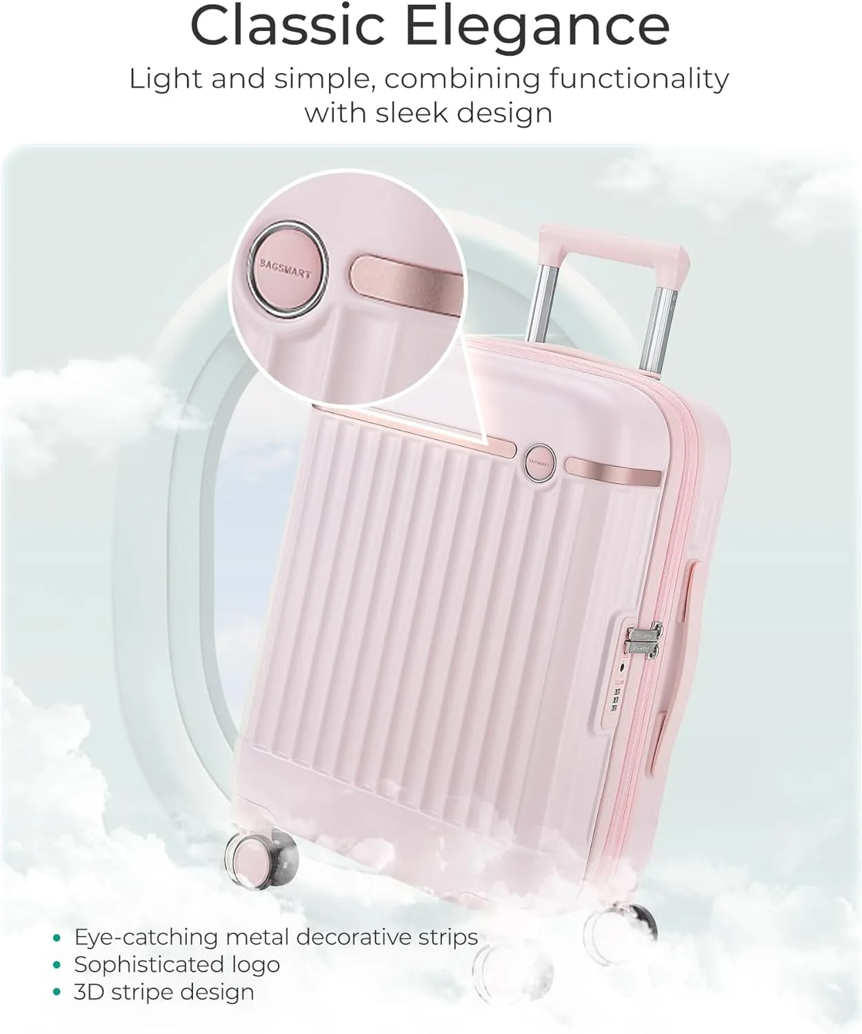 BAGSMART Carry On Luggage 22x14x9 Airline Approved with Spinner Wheels, Travel TSA Approved 100% PC Hard Shell Suitcases, 20 Inch Expandable Luggage with TSA Lock, Atlas Pink