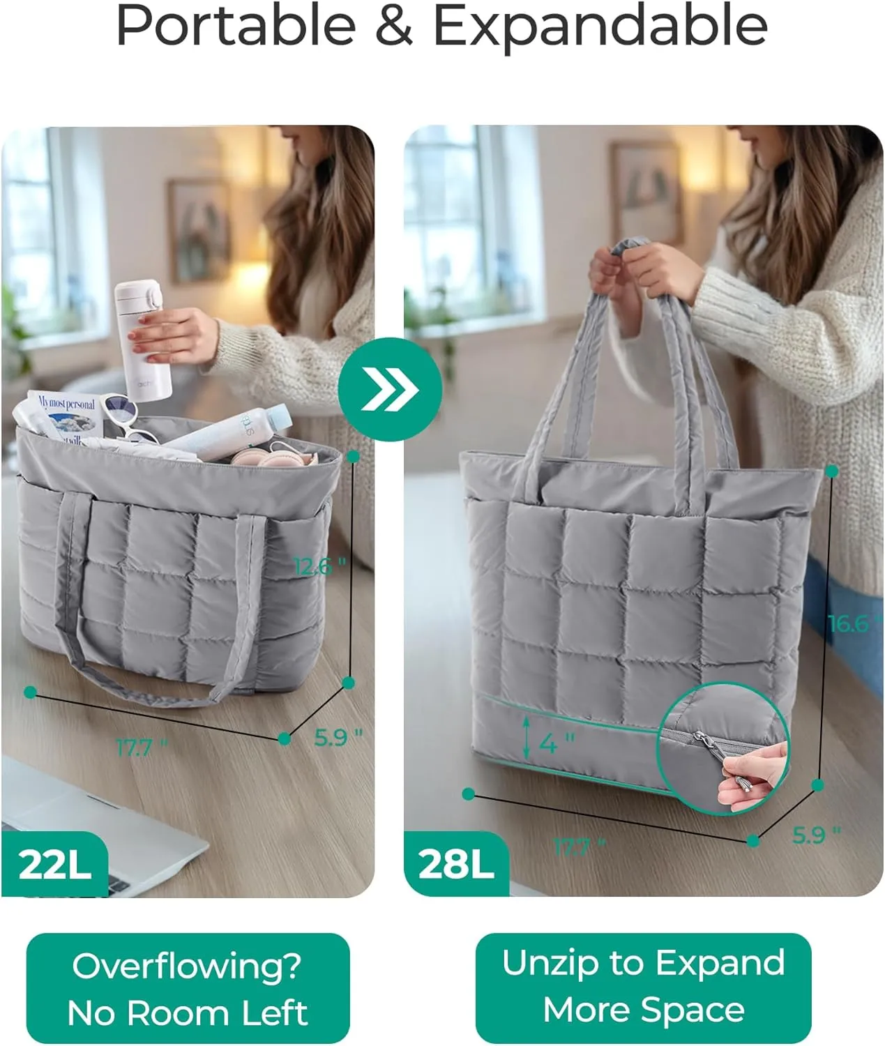 BAGSMART Expandable Tote Bag for Women, Zipper Puffer Work Tote with Water-Resistant Quilted, Nurse and Carry-On Travel Bag