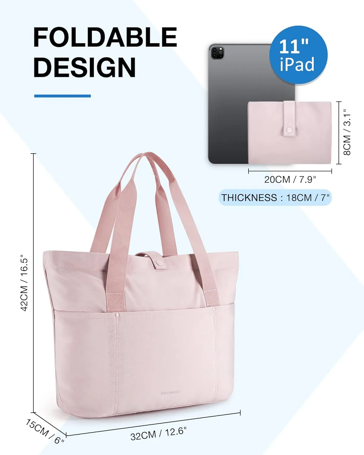 BAGSMART Tote Bag for Women, Foldable Tote Bag With Zipper Travel Large Shoulder Bag Handbag for Work-16.5''l X 6''wx 14''h