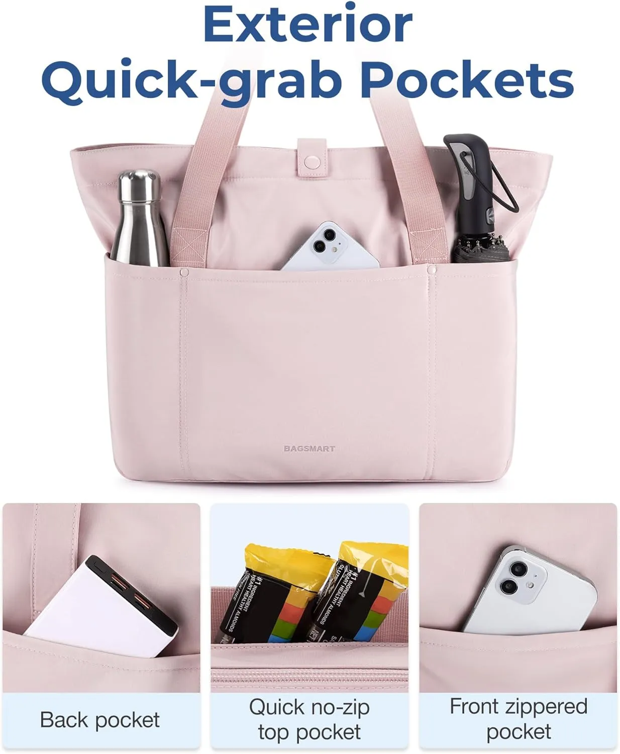 BAGSMART Tote Bag for Women, Foldable Tote Bag With Zipper Travel Large Shoulder Bag Handbag for Work-16.5''l X 6''wx 14''h