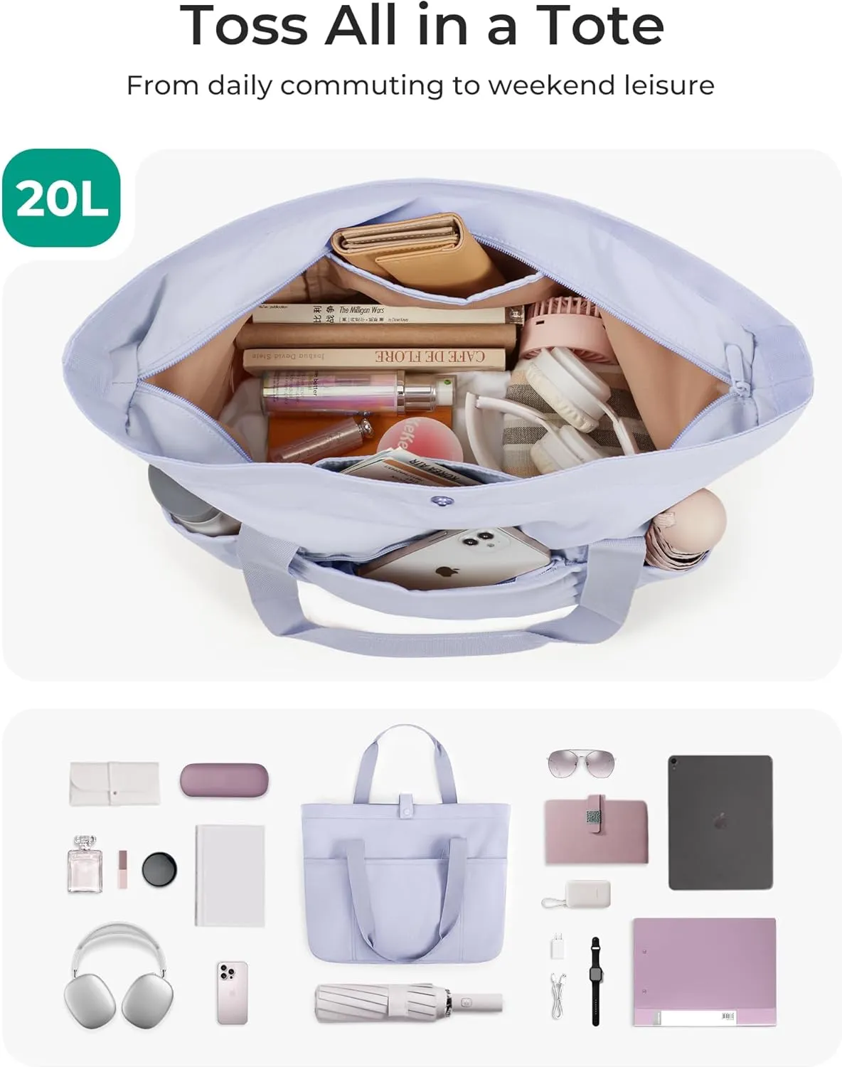 BAGSMART Tote Bag for Women, Foldable Tote Bag With Zipper Travel Large Shoulder Bag Handbag for Work-16.5''l X 6''wx 14''h