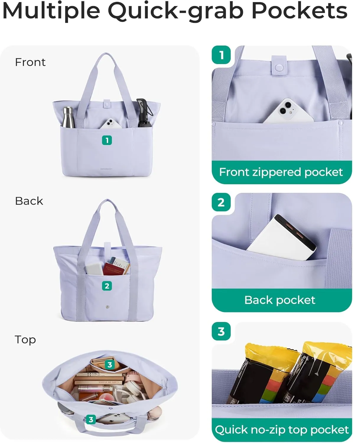 BAGSMART Tote Bag for Women, Foldable Tote Bag With Zipper Travel Large Shoulder Bag Handbag for Work-16.5''l X 6''wx 14''h