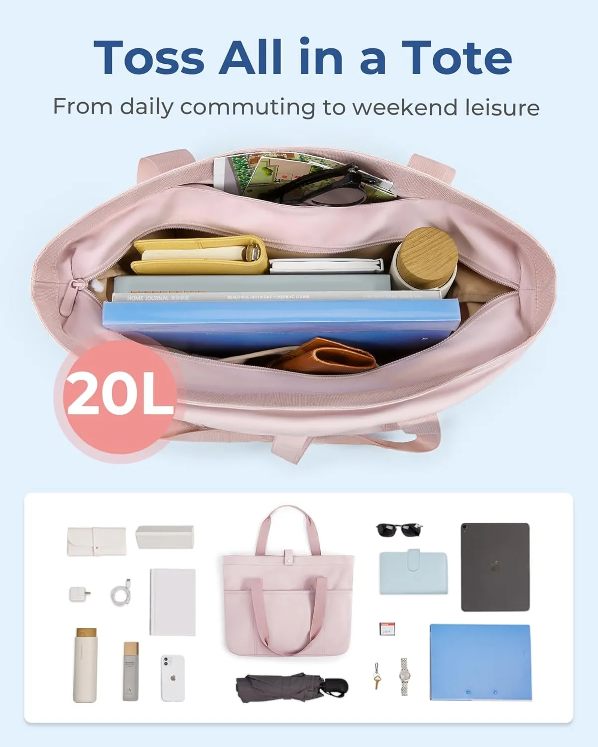 BAGSMART Tote Bag for Women, Foldable Tote Bag With Zipper Travel Large Shoulder Bag Handbag for Work-16.5''l X 6''wx 14''h