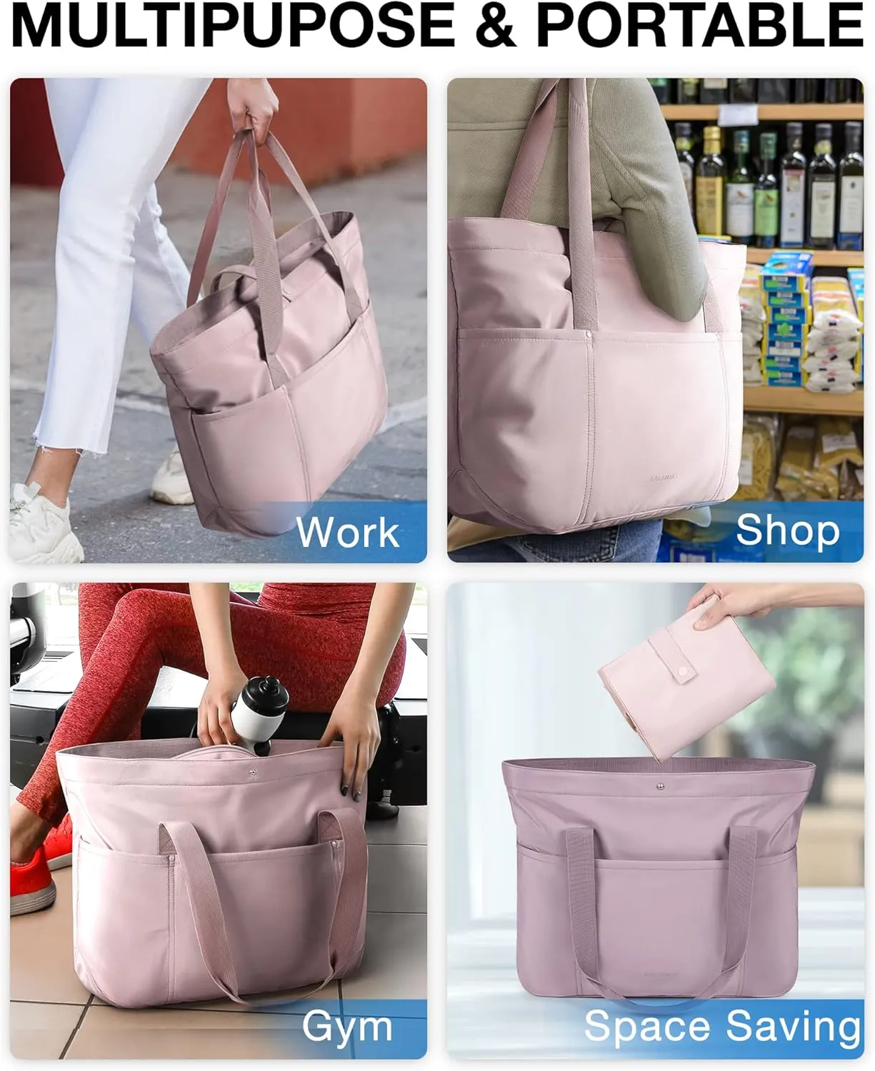 BAGSMART Tote Bag for Women, Foldable Tote Bag With Zipper Travel Large Shoulder Bag Handbag for Work-16.5''l X 6''wx 14''h