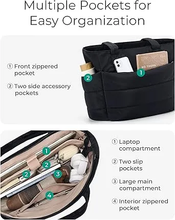 BAGSMART Tote Bag for Women, Lightweight Puffy Tote Bag with Compartments, Quilted Shoulder Bag Handbag for Travel, Work