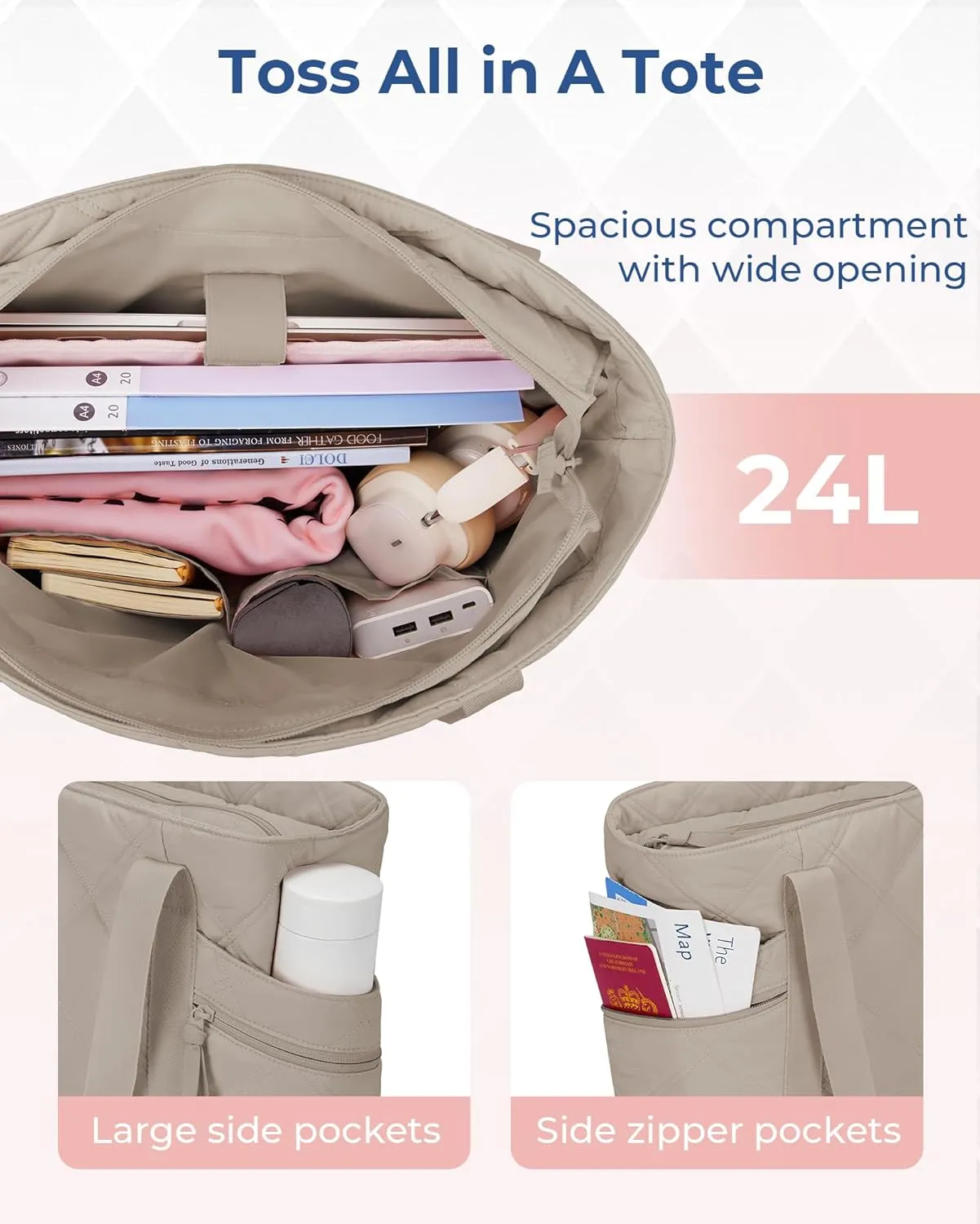 BAGSMART Tote Bag for Women, Puffer Work Tote with Zipper, Travel Essentials Quilted Nurse Travel Hospital Bag