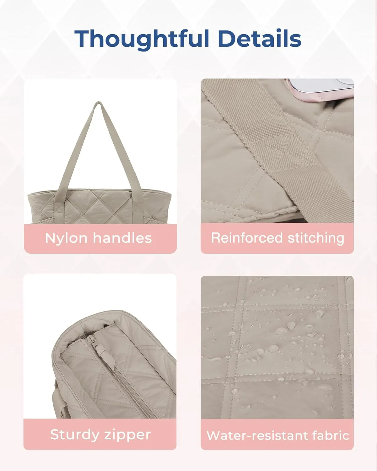 BAGSMART Tote Bag for Women, Puffer Work Tote with Zipper, Travel Essentials Quilted Nurse Travel Hospital Bag