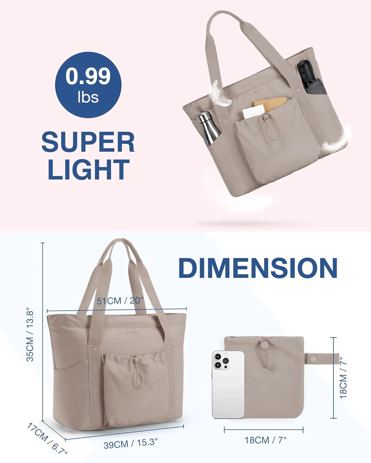 BAGSMART Tote Bag for Women, Tote Shoulder Bag with Laptop Compartment and Zipper Handbag for Travel, Work