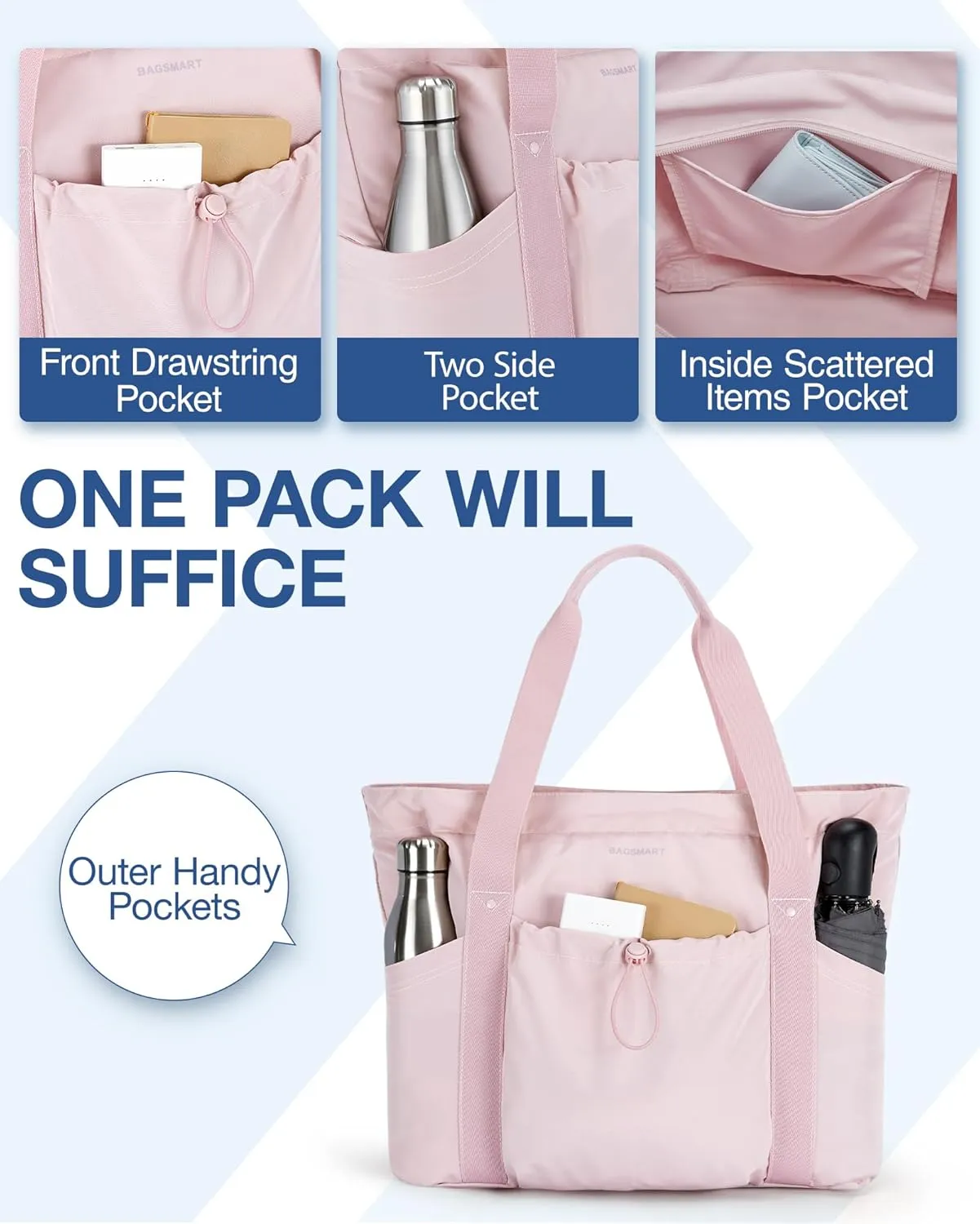 BAGSMART Tote Bag for Women, Tote Shoulder Bag with Laptop Compartment and Zipper Handbag for Travel, Work