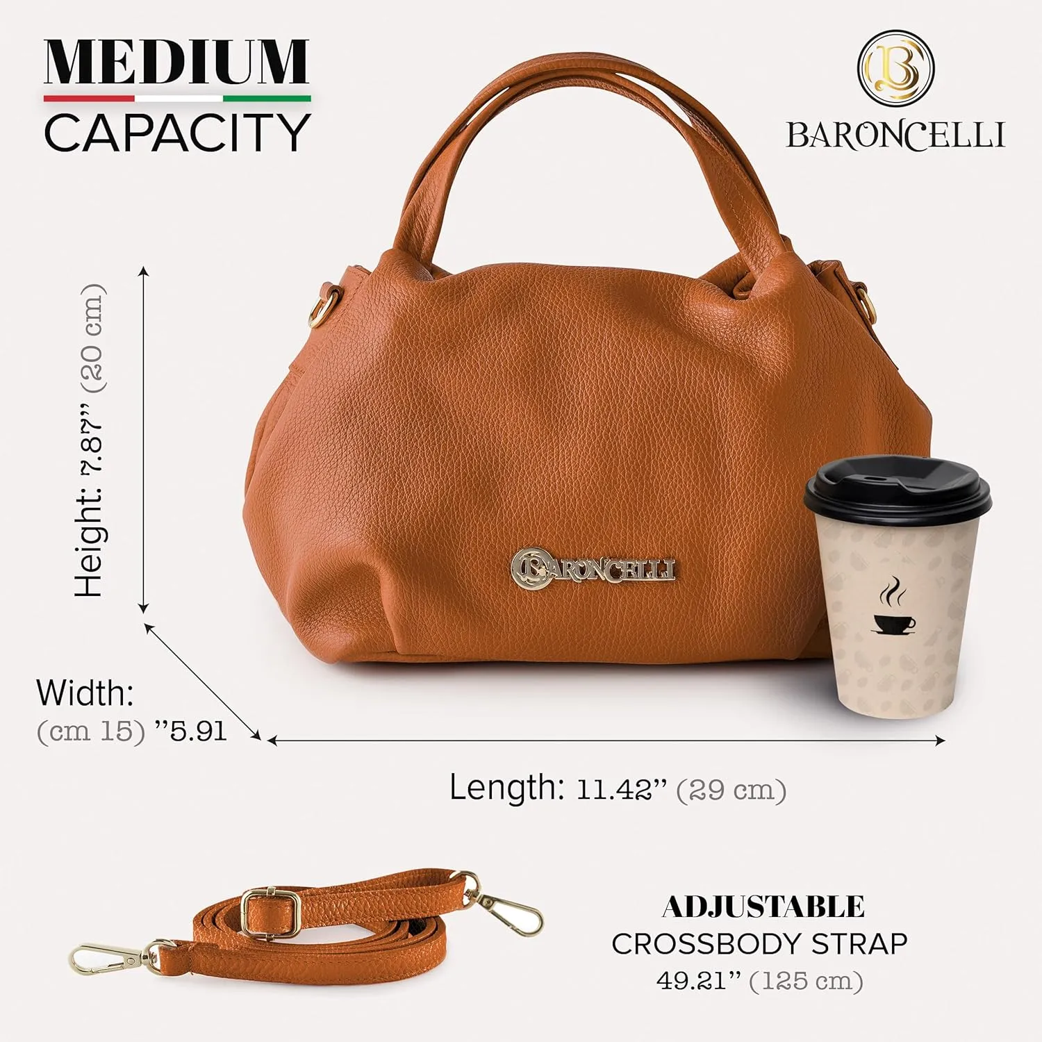 Baroncelli Italian Leather Purse for Women Genuine Soft Leather Medium Size Shoulder Crossbody Bag Made in Italy