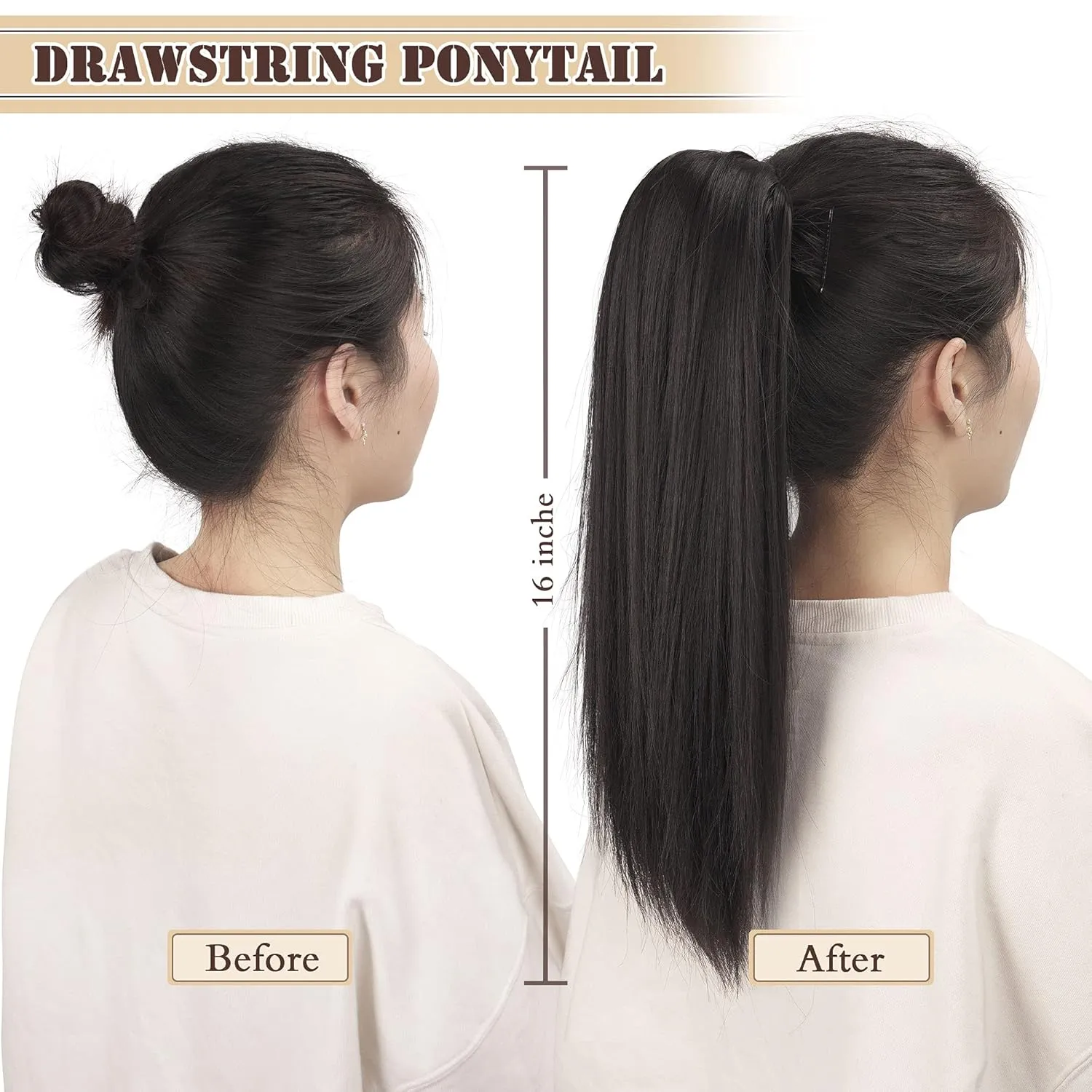 BARSDAR Dark Brown Ponytail Extension - 16 Inch Short Straight Drawstring Ponytail Extensions for Women, Synthetic Drawstring Clip in Pony Tails Hairpieces Fake Straight Ponytails - Darkest Brown