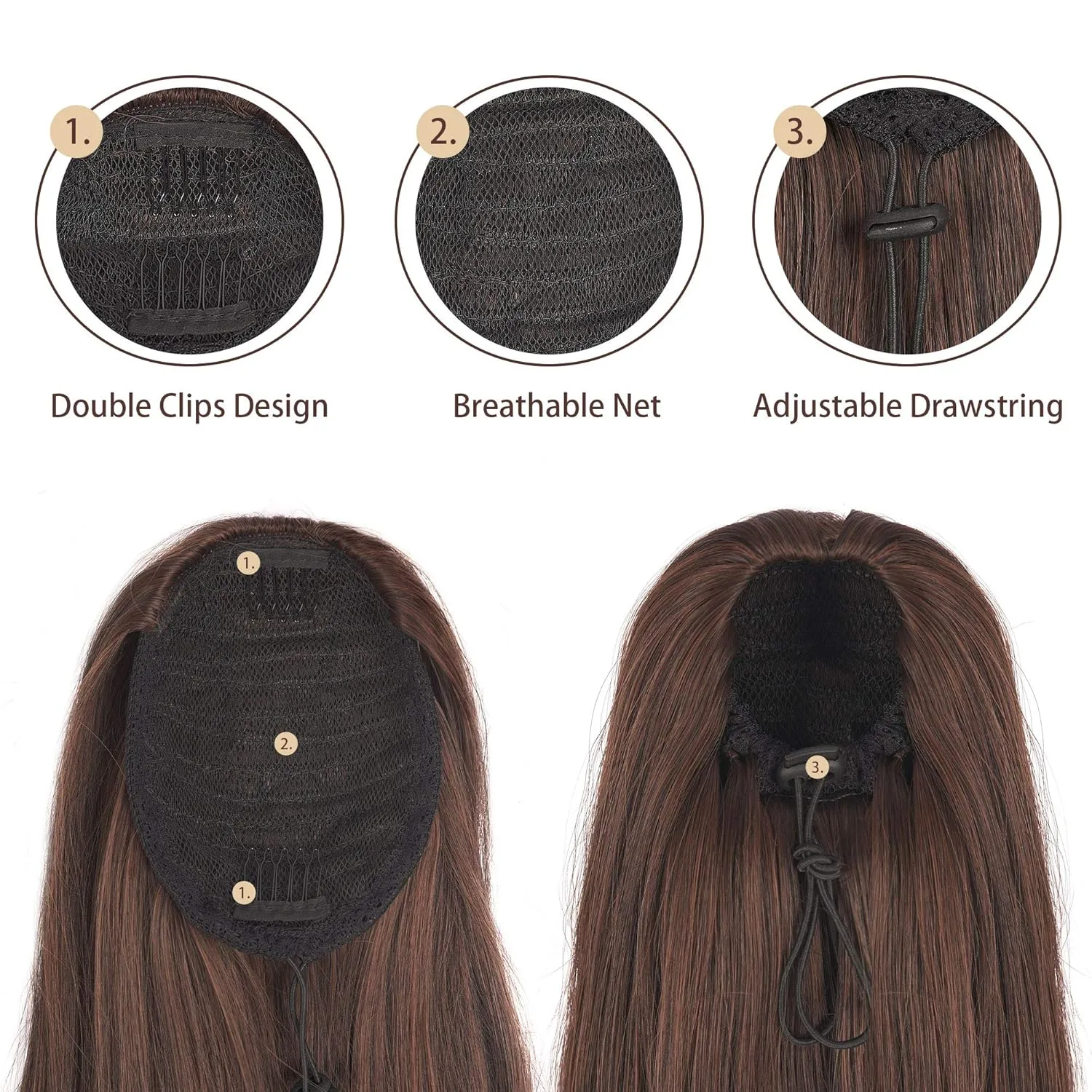 BARSDAR Dark Brown Ponytail Extension - 16 Inch Short Straight Drawstring Ponytail Extensions for Women, Synthetic Drawstring Clip in Pony Tails Hairpieces Fake Straight Ponytails - Darkest Brown