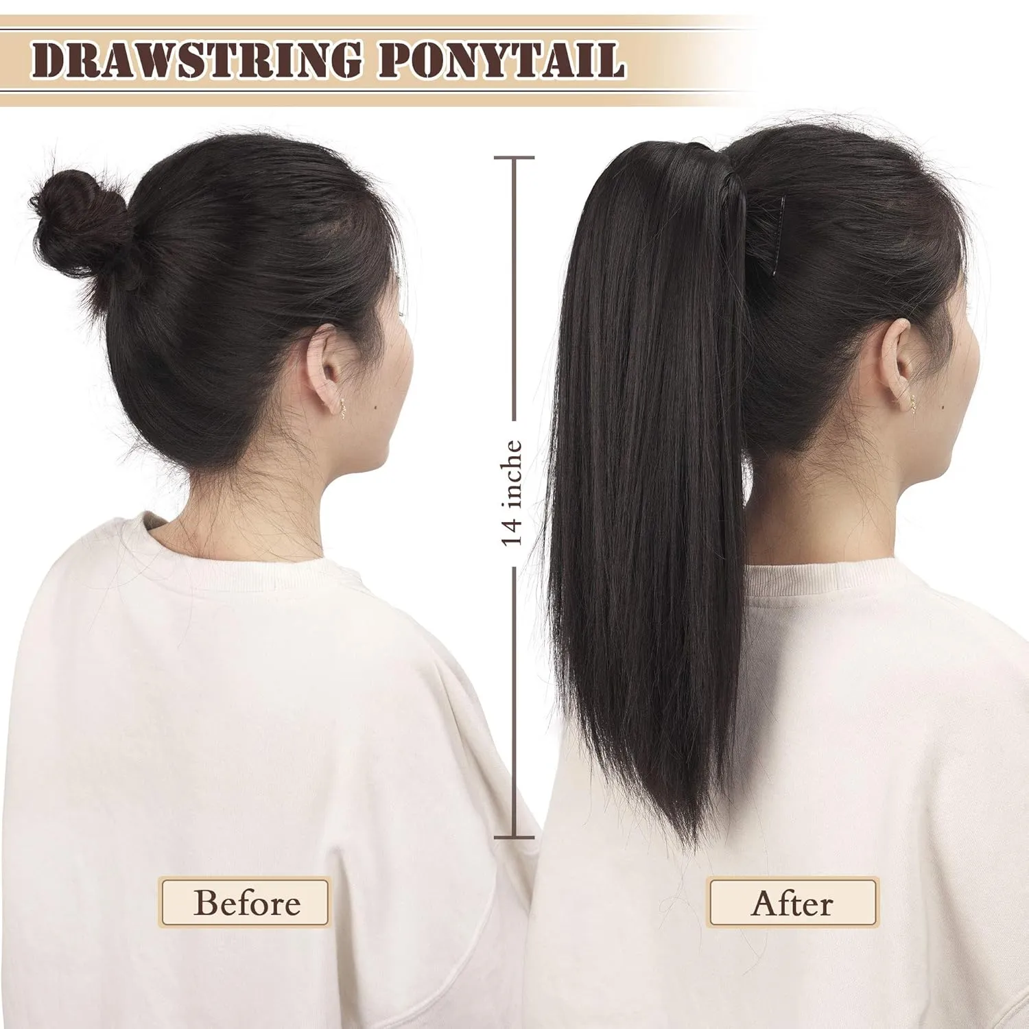 BARSDAR Ponytail Extension - 14 Inch Short Straight Drawstring Ponytail Hair Extensions for Women, Synthetic Drawstring Clip in Pony Tails Hairpieces Fake Straight Ponytail Daily- Black mix Auburn
