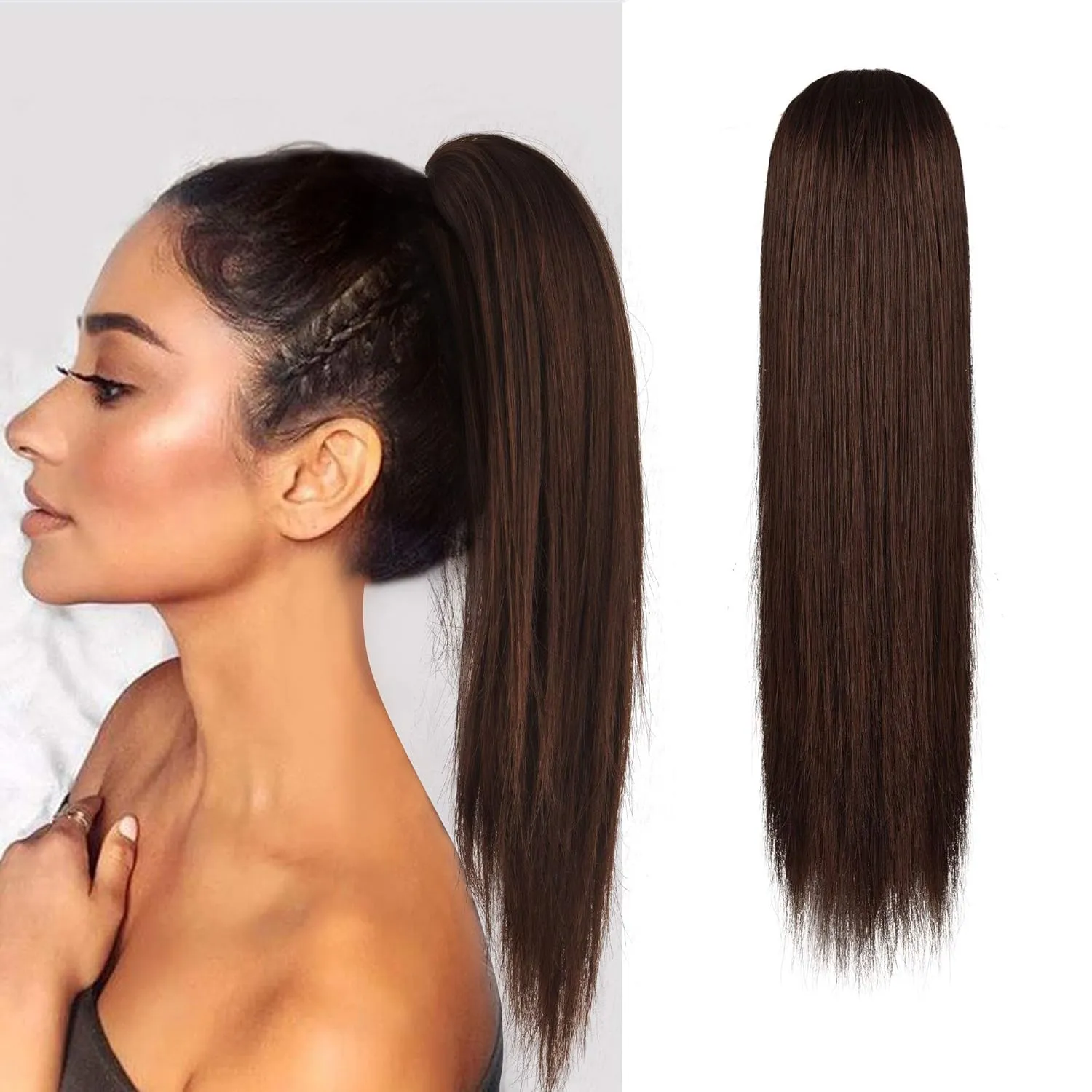 BARSDAR Ponytail Extension - 14 Inch Short Straight Drawstring Ponytail Hair Extensions for Women, Synthetic Drawstring Clip in Pony Tails Hairpieces Fake Straight Ponytail Daily- Black mix Auburn