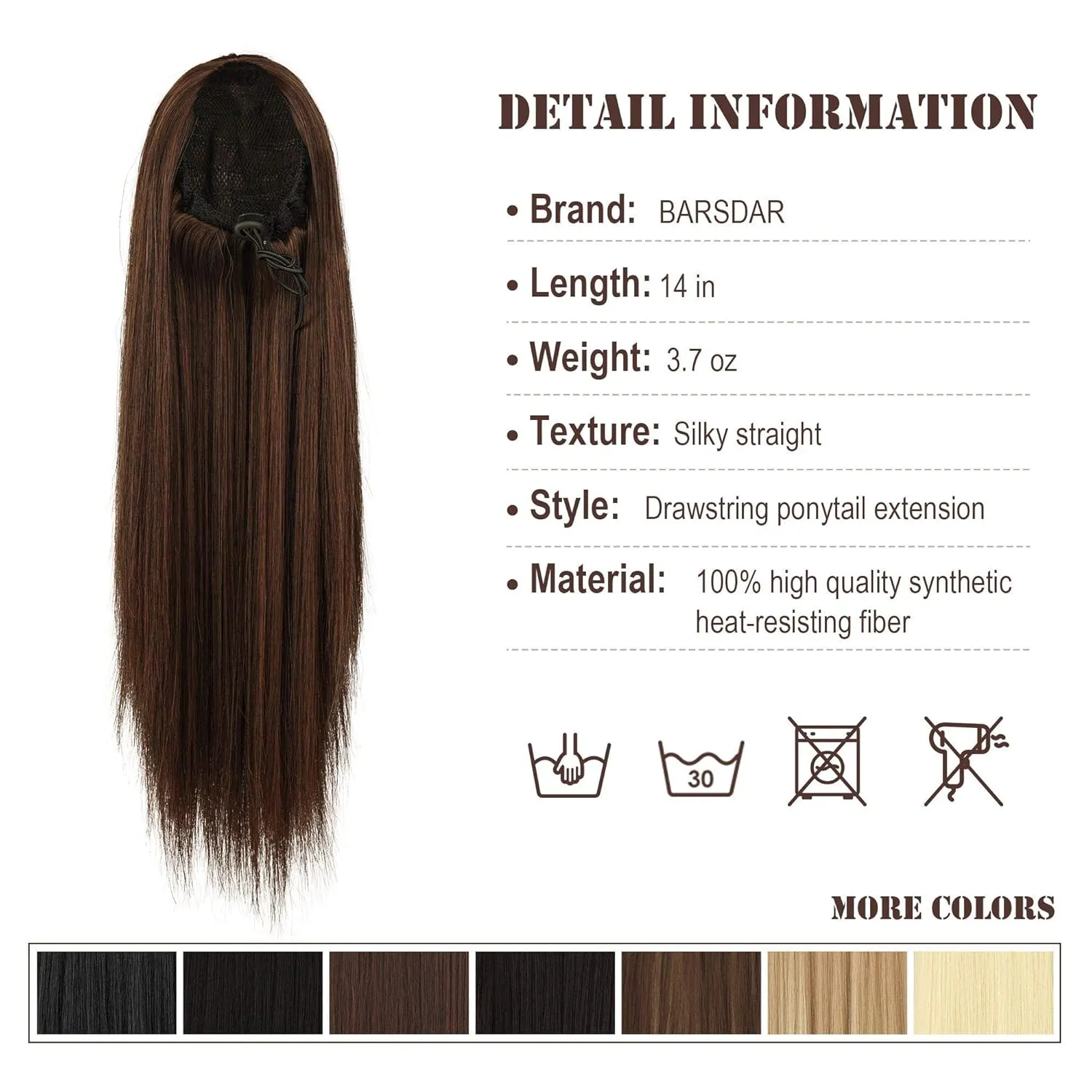 BARSDAR Ponytail Extension - 14 Inch Short Straight Drawstring Ponytail Hair Extensions for Women, Synthetic Drawstring Clip in Pony Tails Hairpieces Fake Straight Ponytail Daily- Black mix Auburn