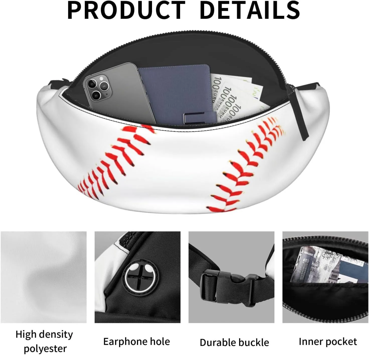 Baseball Fanny Pack Waist Bag Adjustable Belt Bag For Men Women Fashion Sling Crossbody Hip Bum Bag Traveling Hiking Cycling Running