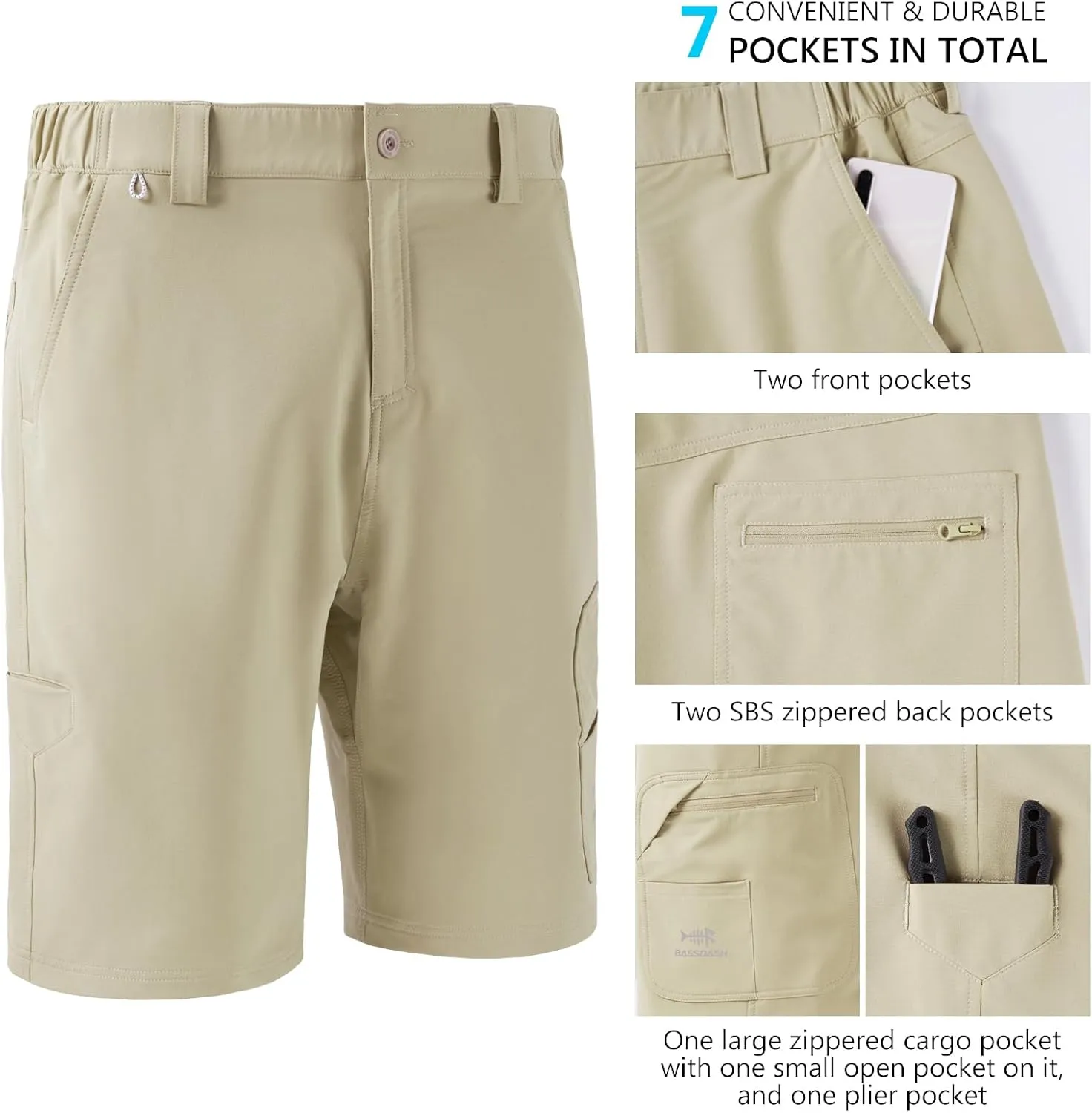BASSDASH 10.5” Mens Fishing Cargo Shorts Quick Dry UPF 50  Water Resistant FP01M