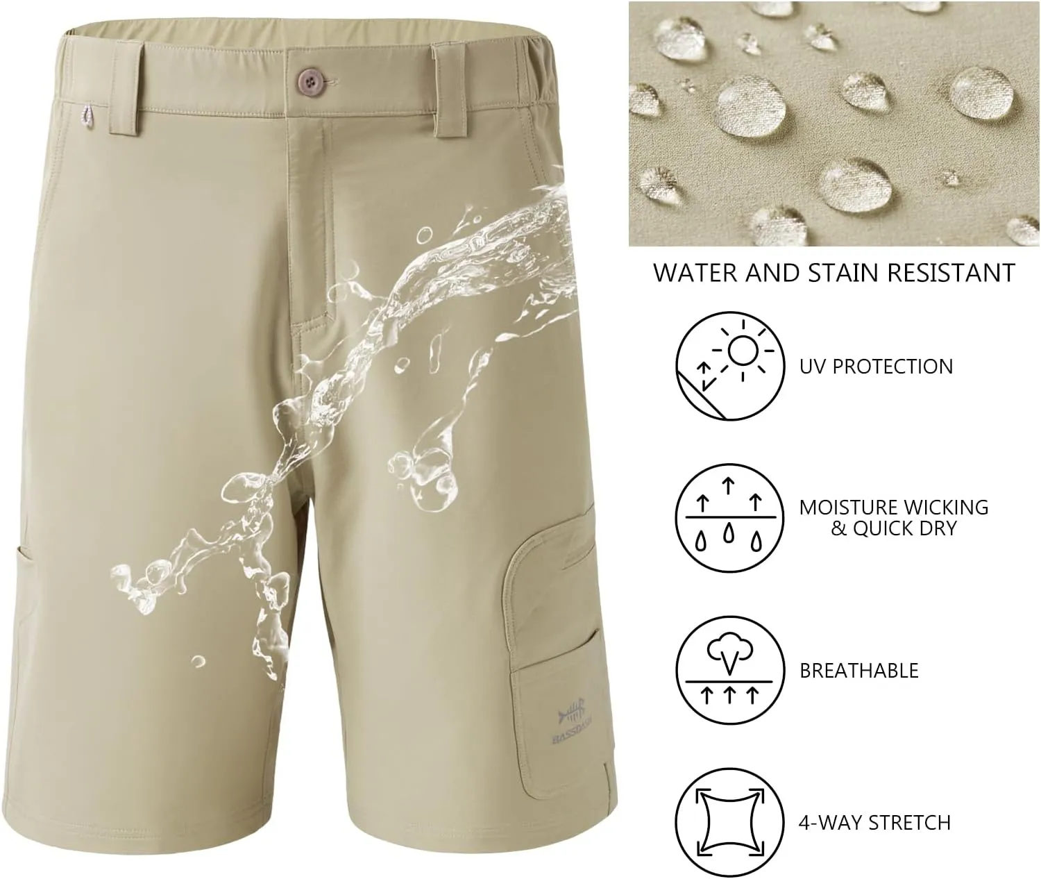 BASSDASH 10.5” Mens Fishing Cargo Shorts Quick Dry UPF 50  Water Resistant FP01M