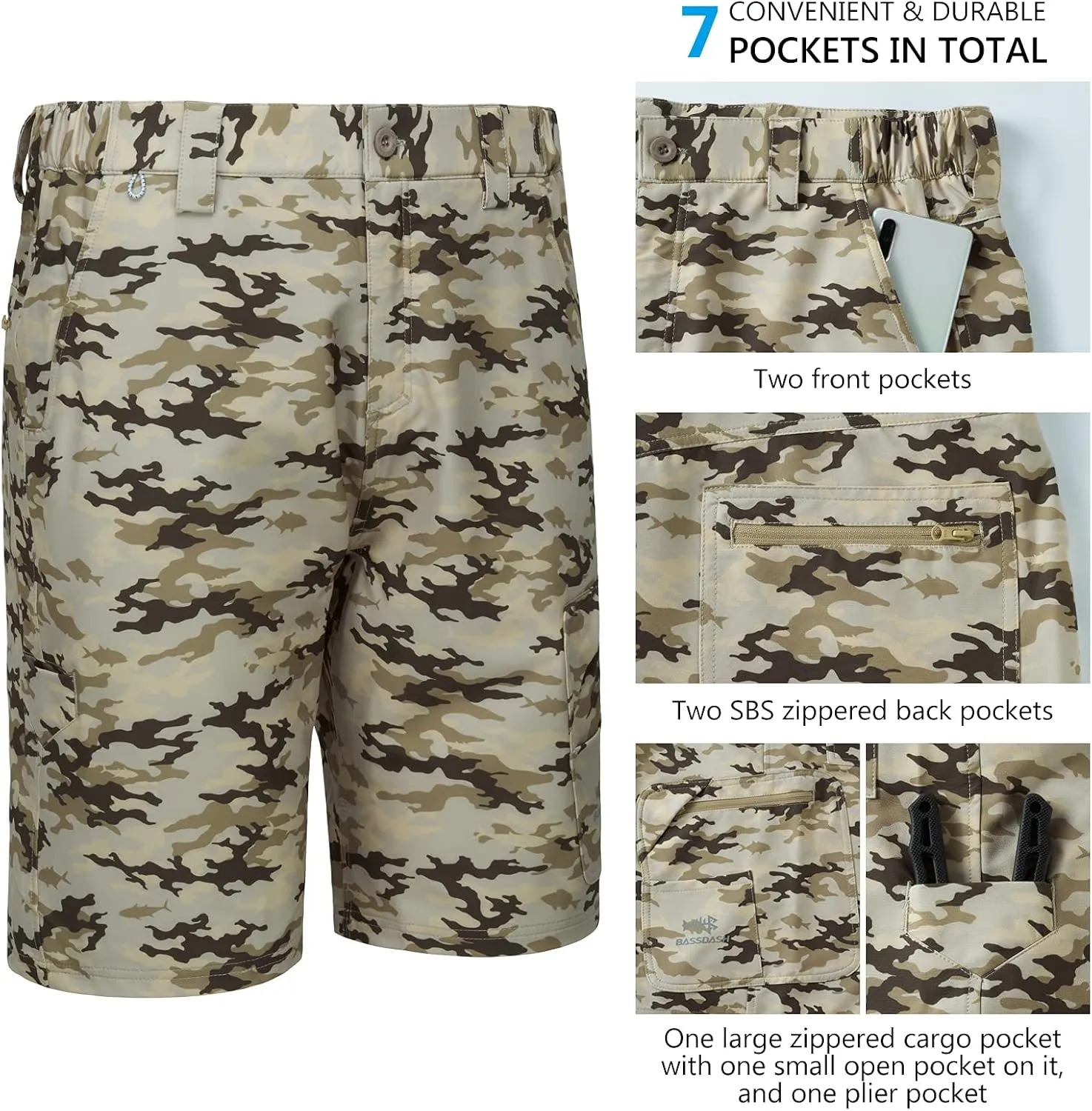 BASSDASH 10.5” Mens Fishing Cargo Shorts Quick Dry UPF 50  Water Resistant FP01M