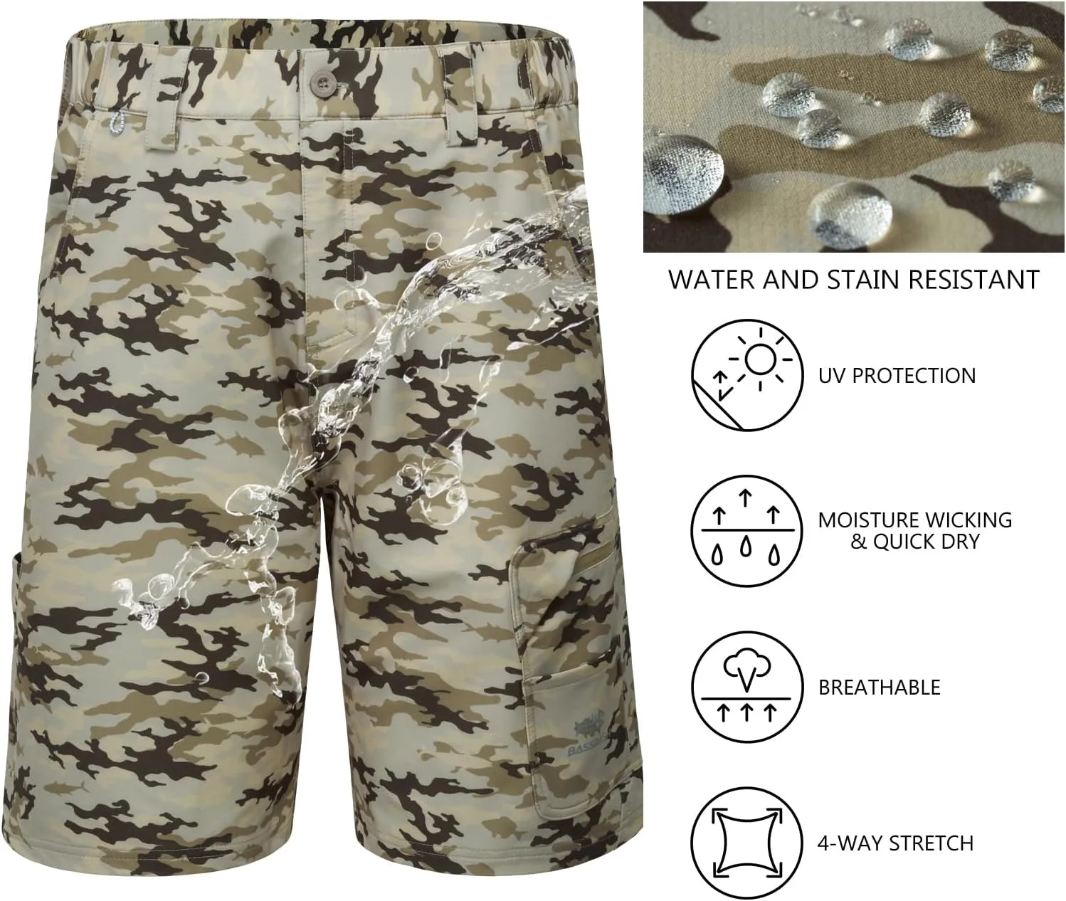BASSDASH 10.5” Mens Fishing Cargo Shorts Quick Dry UPF 50  Water Resistant FP01M