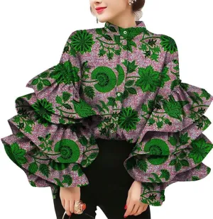 BAZINRICHE Women African Print Long Sleeves Top Shirt Dashiki Square Collar Shirts Ankara Clothing