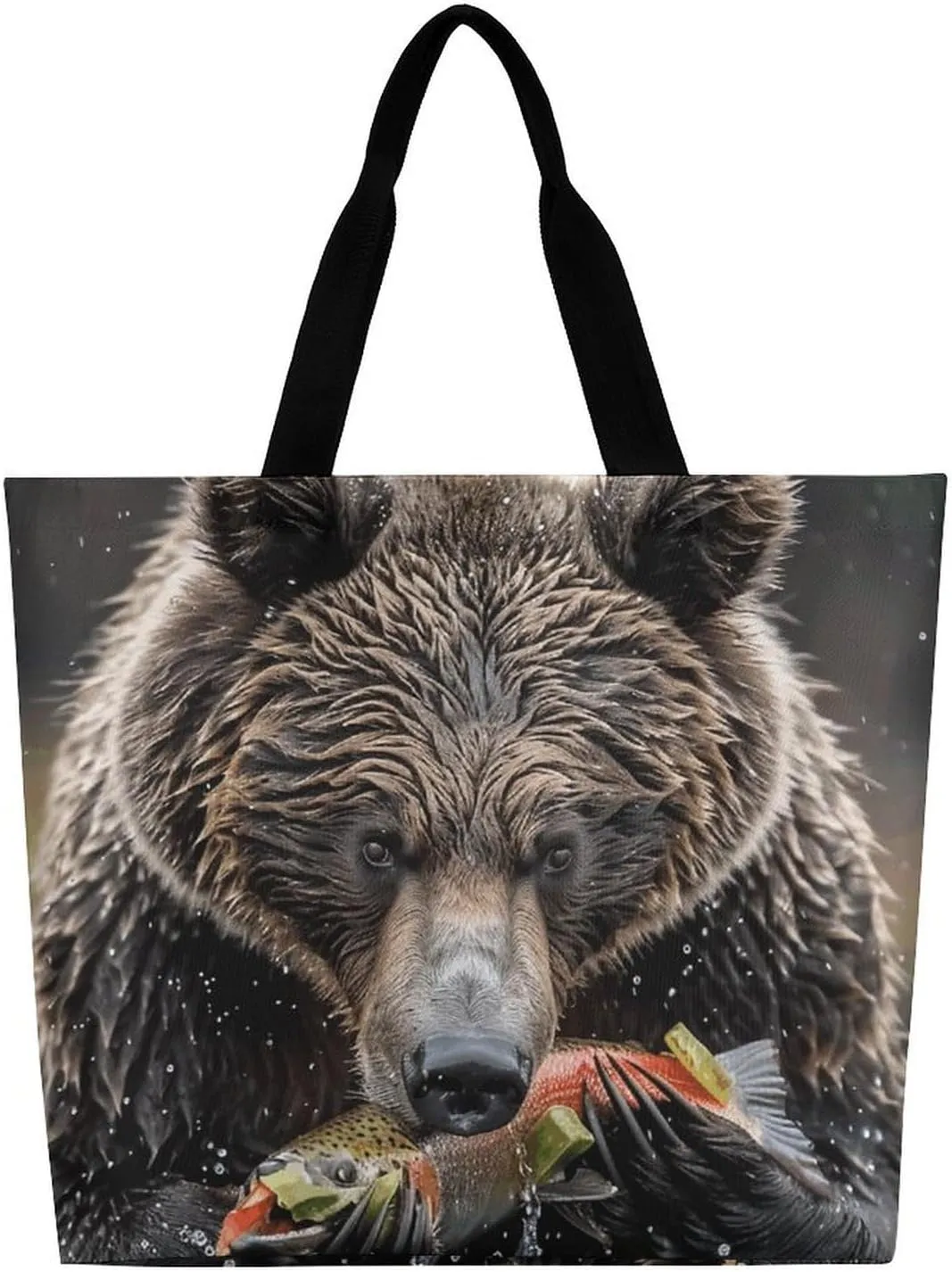 Bear Eats Fish Tote Bag Large Women Casual Shoulder Bag Reusable Grocery Bag Fasion Handbag for Office Shopping Travel